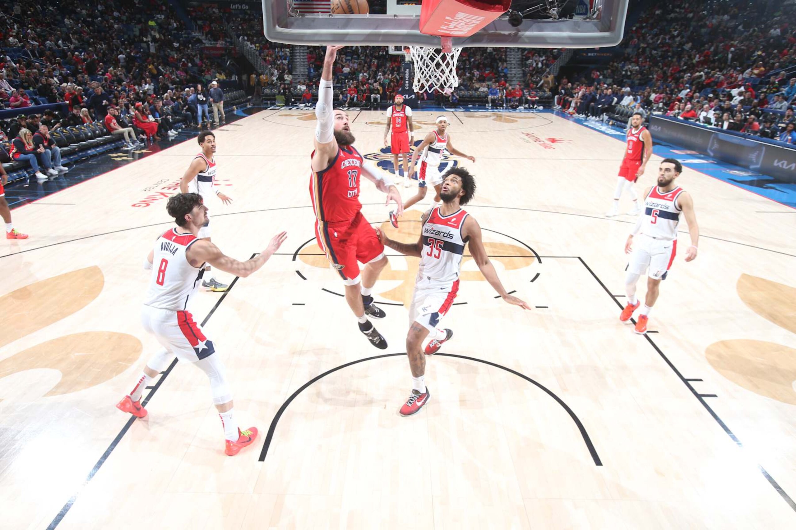 NEW ORLEANS, LA - FEBRUARY 14: Jonas Valanciunas #17 of the New Orleans Pelicans drives to the basket during the game against the Washington Wizards on February 14, 2024 at the Smoothie King Center in New Orleans, Louisiana. NOTE TO USER: User expressly acknowledges and agrees that, by downloading and or using this Photograph, user is consenting to the terms and conditions of the Getty Images License Agreement. Mandatory Copyright Notice: Copyright 2024 NBAE (Photo by Layne Murdoch Jr./NBAE via Getty Images) NEW ORLEANS, LA - FEBRUARY 14: Jonas Valanciunas #17 of the New Orleans Pelicans drives to the basket during the game against the Washington Wizards on February 14, 2024 at the Smoothie King Center in New Orleans, Louisiana. NOTE TO USER: User expressly acknowledges and agrees that, by downloading and or using this Photograph, user is consenting to the terms and conditions of the Getty Images License Agreement. Mandatory Copyright Notice: Copyright 2024 NBAE (Photo by Layne Murdoch Jr./NBAE via Getty Images)
