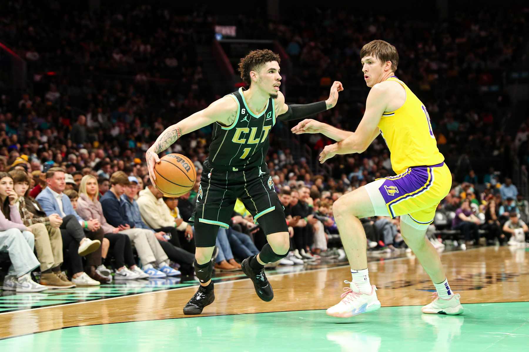 CHARLOTTE, NC - JANUARY 2: LaMelo Ball #1 of the Charlotte Hornets dribbles the ball against the Los Angeles Lakers on January 2, 2023 at Spectrum Center in Charlotte, North Carolina. NOTE TO USER: User expressly acknowledges and agrees that, by downloading and or using this photograph, User is consenting to the terms and conditions of the Getty Images License Agreement. Mandatory Copyright Notice: Copyright 2023 NBAE (Photo by Brock Williams-Smith/NBAE via Getty Images)