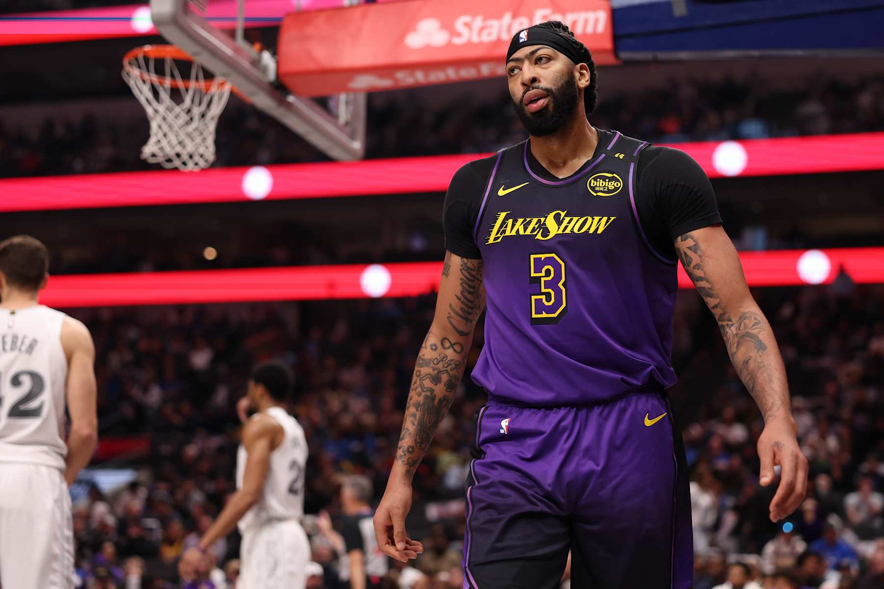 DALLAS, TEXAS - JANUARY 07: Anthony Davis #3 of the Los Angeles Lakers looks on during the first quarter against the Dallas Mavericks at American Airlines Center on January 07, 2025 in Dallas, Texas. NOTE TO USER: User expressly acknowledges and agrees that, by downloading and/or using this photograph, user is consenting to the terms and conditions of the Getty Images License Agreement. (Photo by Sam Hodde/Getty Images)