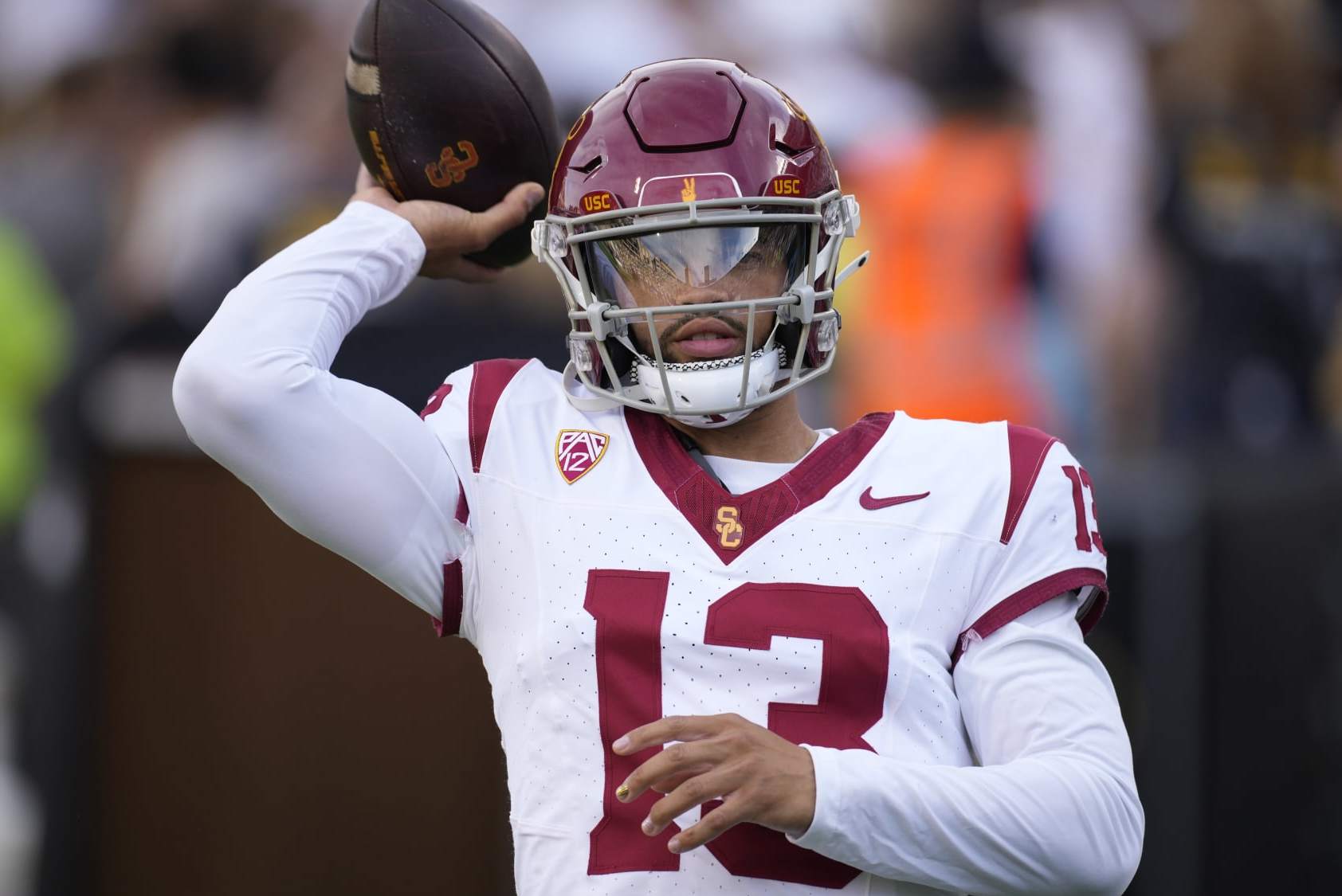Southern California quarterback Caleb Williams warms up before an NCAA college football game against Colorado Saturday, Sept. 30, 2023, in Boulder, Colo. (AP Photo/David Zalubowski)
