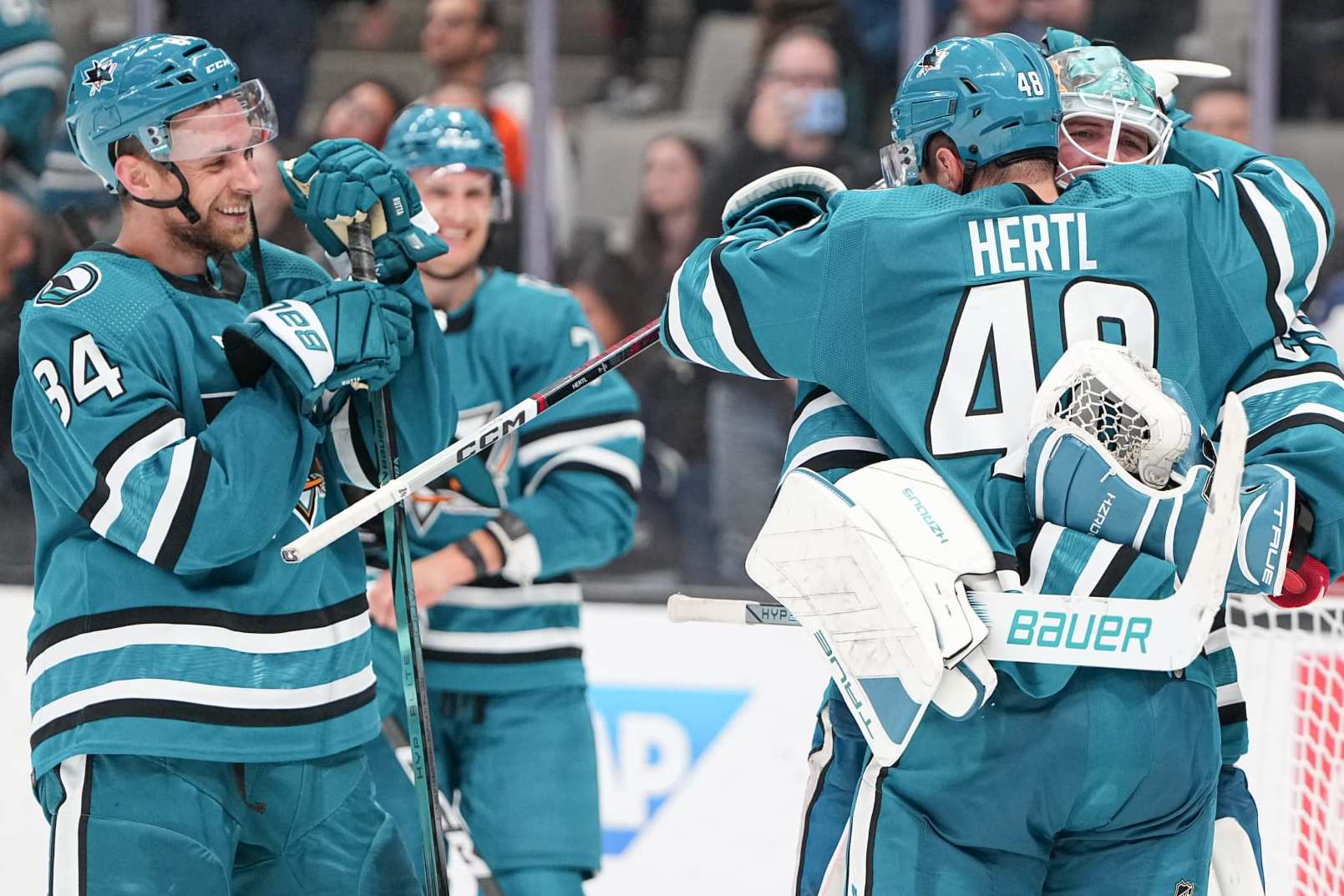 SAN JOSE, CALIFORNIA - NOVEMBER 7: The San Jose Sharks celebrate their first win of the season against the Philadelphia Flyers at SAP Center on November 7, 2023 in San Jose, California. (Photo by Andreea Cardani/NHLI via Getty Images)