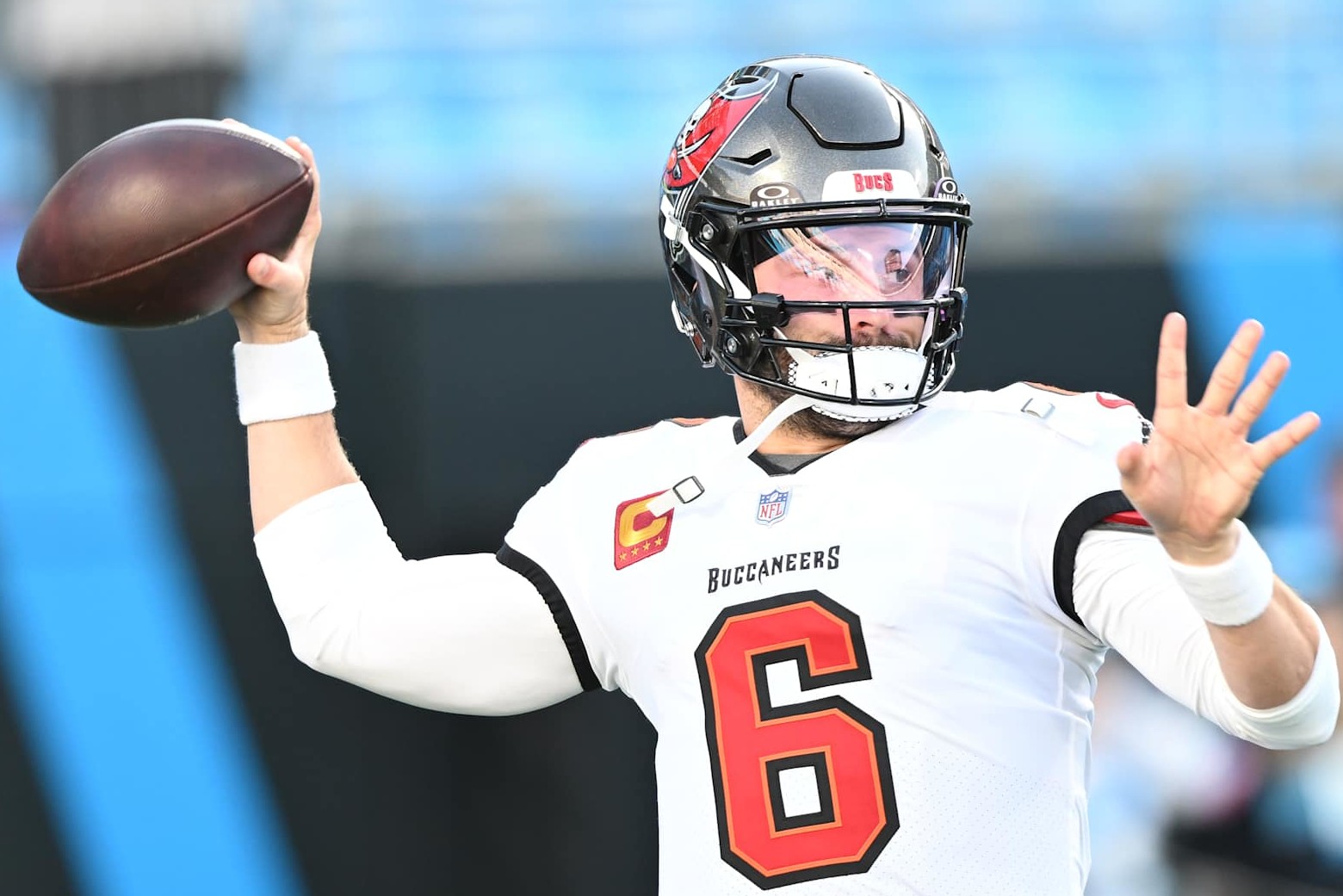 CHARLOTTE, NORTH CAROLINA - DECEMBER 01: Baker Mayfield #6 of the Tampa Bay Buccaneers warms up prior to the game against the Carolina Panthers at Bank of America Stadium on December 01, 2024 in Charlotte, North Carolina. (Photo by Matt Kelley/Getty Images)