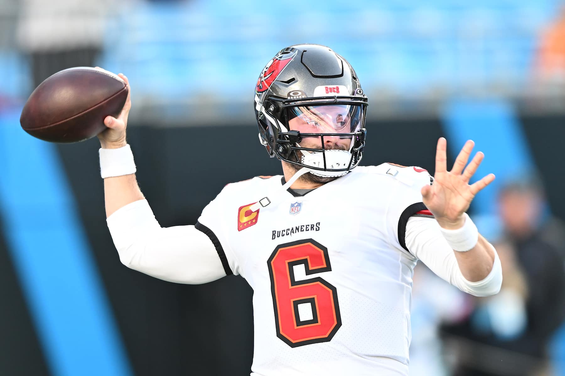 CHARLOTTE, NORTH CAROLINA - DECEMBER 01: Baker Mayfield #6 of the Tampa Bay Buccaneers warms up prior to the game against the Carolina Panthers at Bank of America Stadium on December 01, 2024 in Charlotte, North Carolina. (Photo by Matt Kelley/Getty Images)