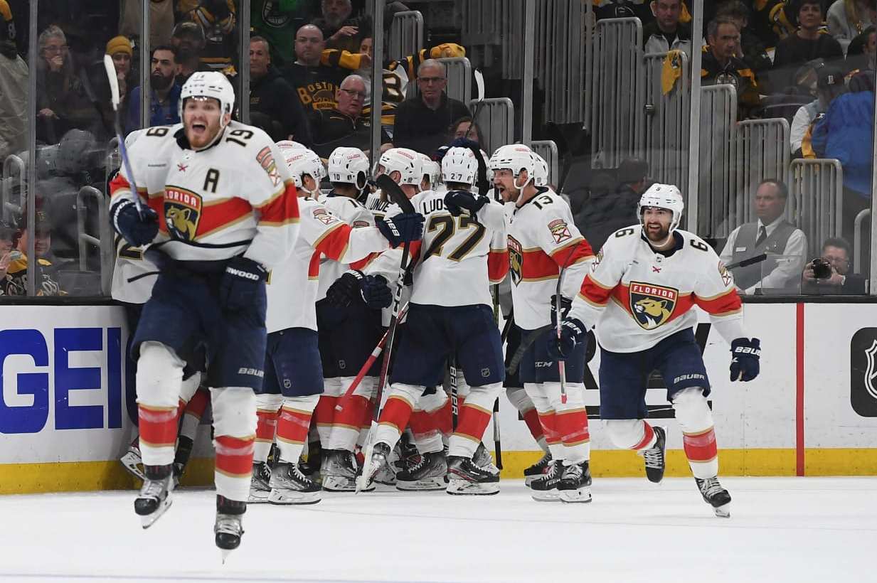 BOSTON, MASSACHUSETTS - APRIL 30: Matthew Tkachuk #19 of the Florida Panthers celebrates the overtime win against the Boston Bruins in Game Seven of the First Round of the 2023 Stanley Cup Playoffs at TD Garden on April 30, 2023, in Boston, Massachusetts. (Photo by Steve Babineau/NHLI via Getty Images)