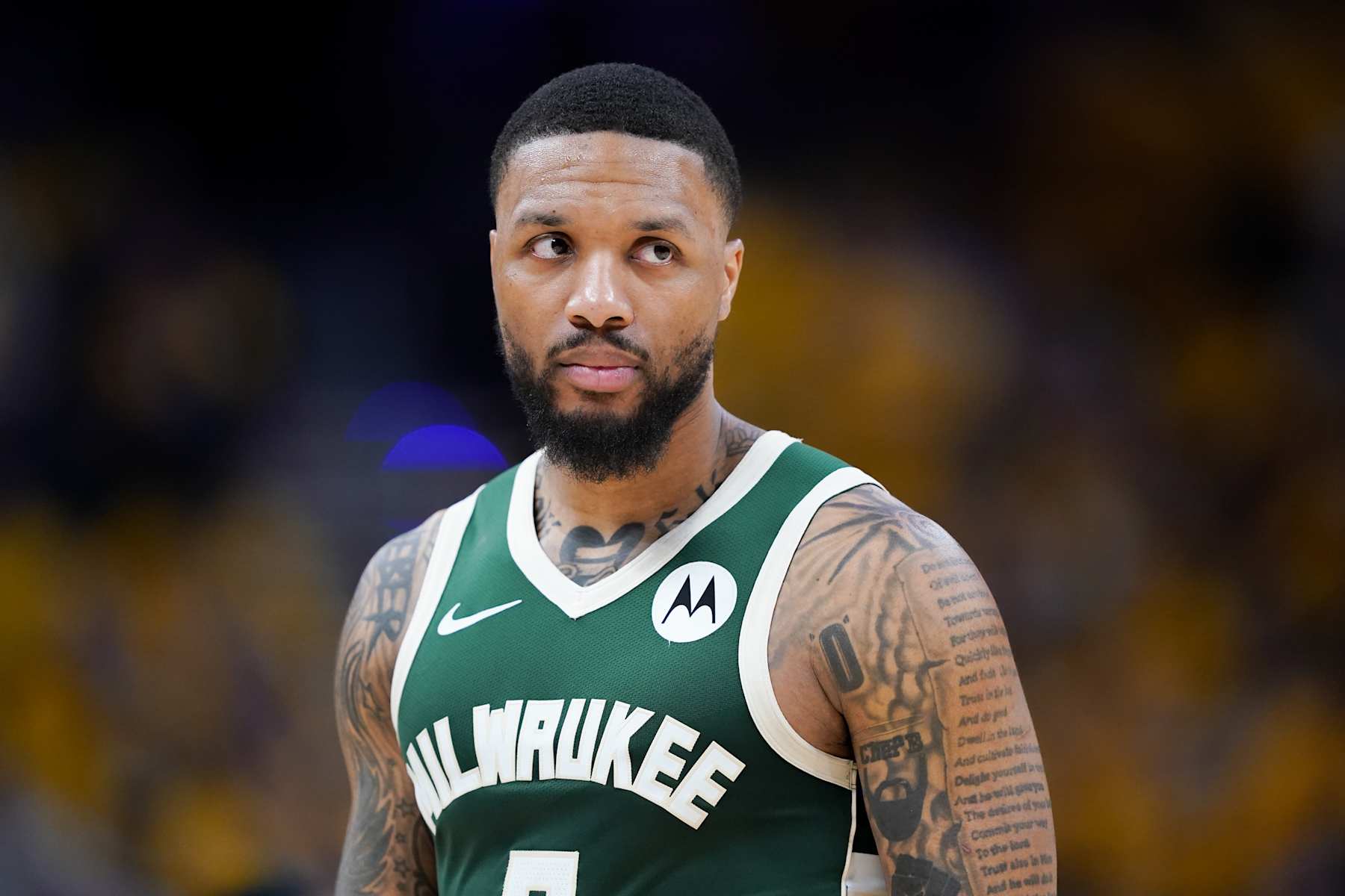 INDIANAPOLIS, INDIANA - MAY 02: Damian Lillard #0 of the Milwaukee Bucks walks across the court in the third quarter against the Indiana Pacers during game six of the Eastern Conference First Round Playoffs at Gainbridge Fieldhouse on May 02, 2024 in Indianapolis, Indiana. NOTE TO USER: User expressly acknowledges and agrees that, by downloading and or using this photograph, User is consenting to the terms and conditions of the Getty Images License Agreement. (Photo by Dylan Buell/Getty Images)