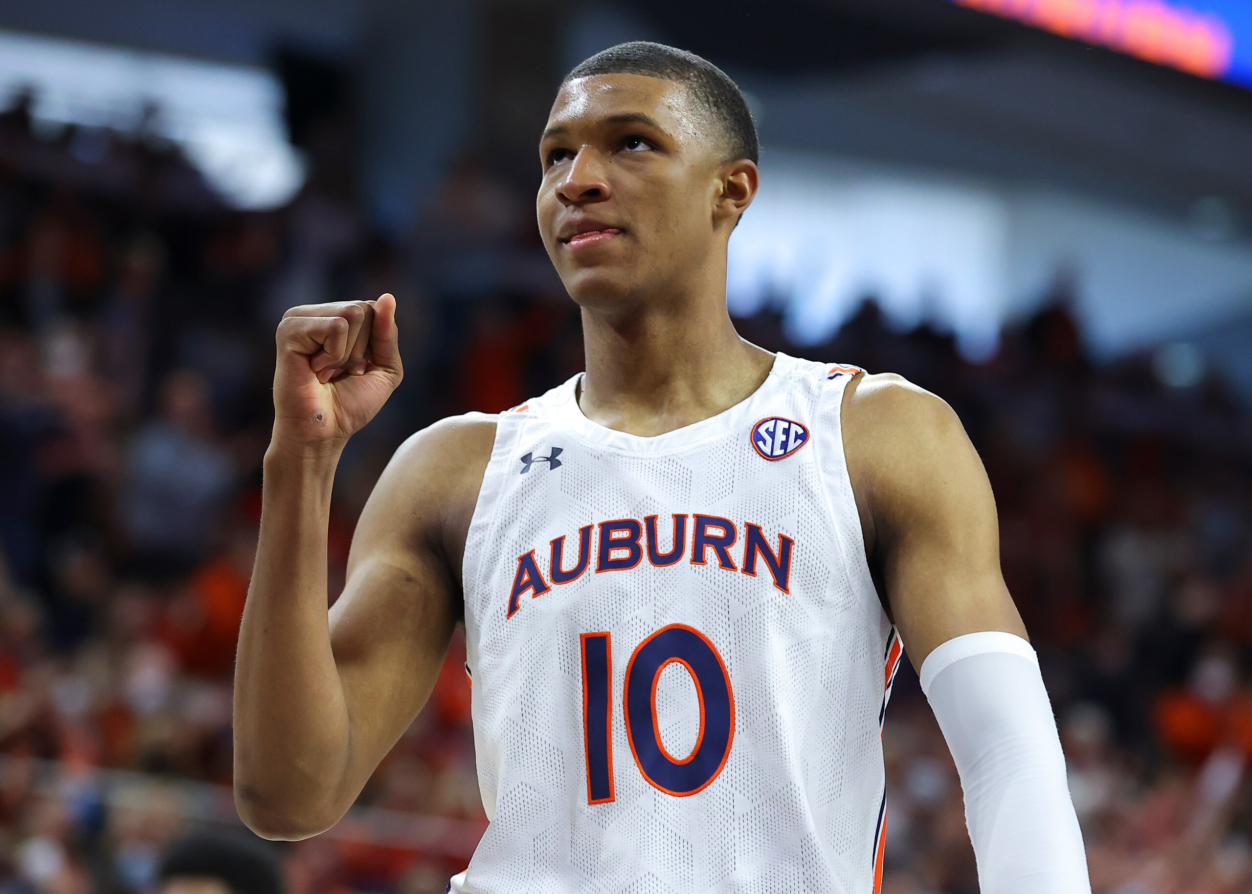 AUBURN, AL - JANUARY 22: Jabari Smith #10 of the Auburn Tigers reacts late in the second half against the Kentucky Wildcats at Auburn Arena on January 22, 2022 in Auburn, Alabama. (Photo by Todd Kirkland/Getty Images)