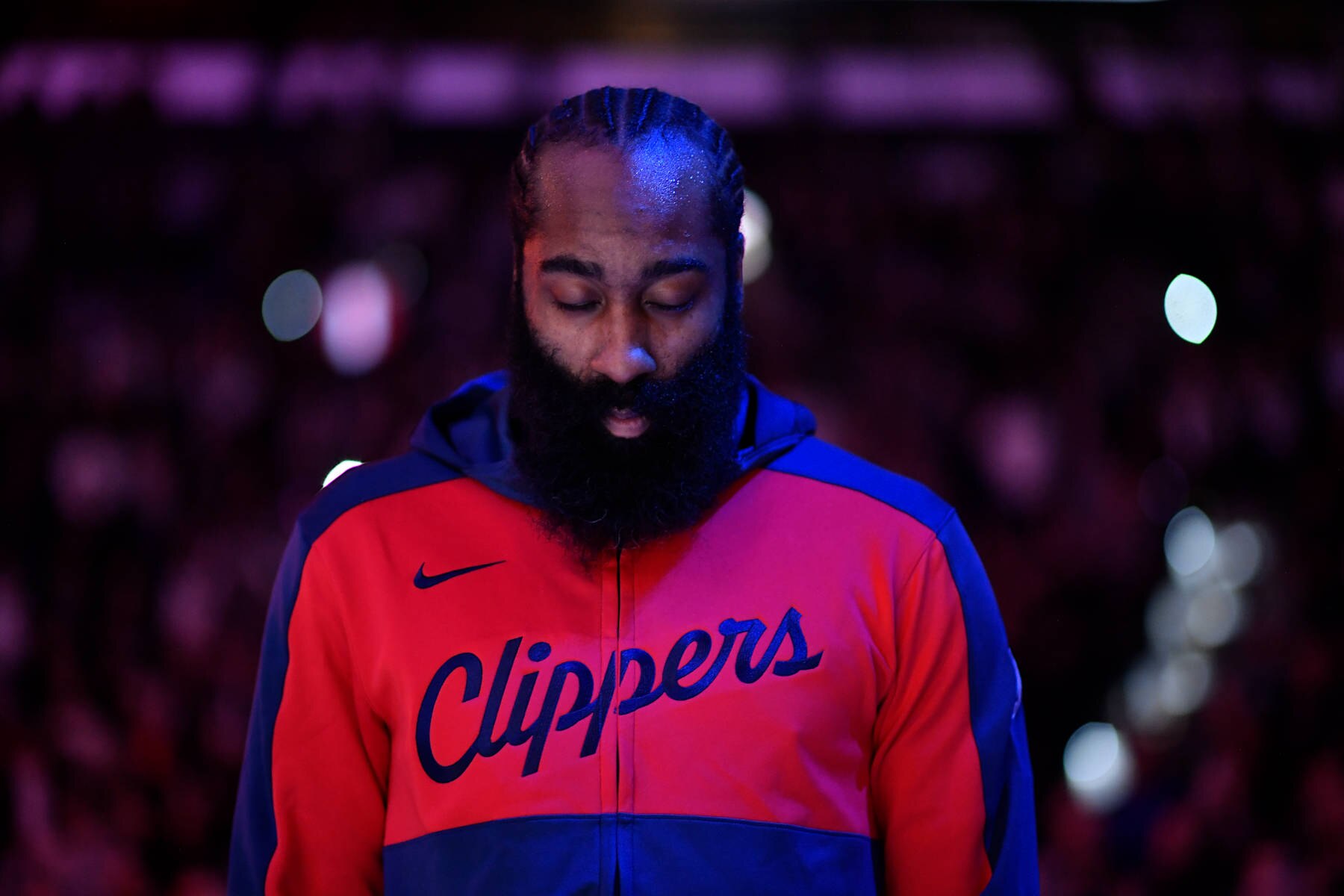 HOUSTON, TX - DECEMBER 31:  James Harden #1 of the LA Clippers stands on the court with his eyes closed before the game against the San Antonio Spurs on December 31, 2024 at the Toyota Center in Houston, Texas. NOTE TO USER: User expressly acknowledges and agrees that, by downloading and or using this photograph, User is consenting to the terms and conditions of the Getty Images License Agreement. Mandatory Copyright Notice: Copyright 2024 NBAE (Photo by Logan Riely/NBAE via Getty Images)