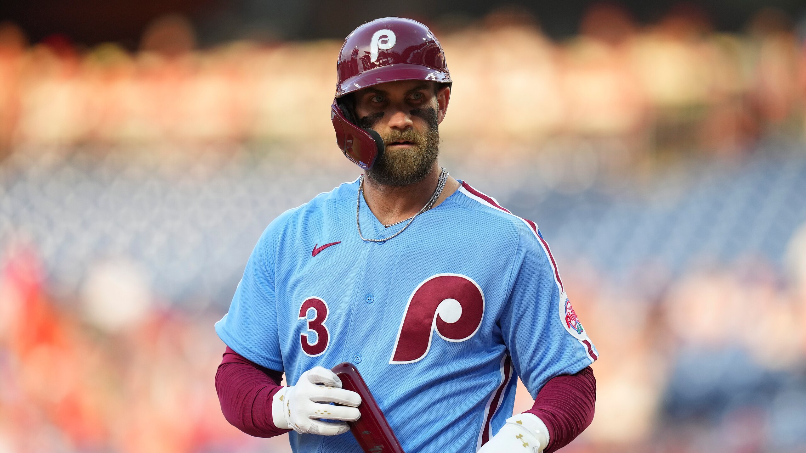 PHILADELPHIA, PA - MAY 05: Bryce Harper #3 of the Philadelphia Phillies looks on against the New York Mets at Citizens Bank Park on May 5, 2022 in Philadelphia, Pennsylvania. The Mets defeated the Phillies 8-7. (Photo by Mitchell Leff/Getty Images)