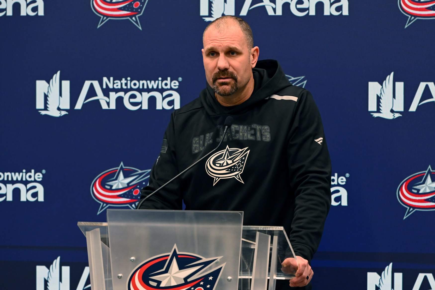 COLUMBUS, OHIO - JANUARY 12: Head coach Brad Larsen of the Columbus Blue Jackets speaks with the media during a post-game press conference following a 6-2 loss against the Carolina Hurricanes at Nationwide Arena on January 12, 2023 in Columbus, Ohio. (Photo by Ben Jackson/NHLI via Getty Images)
