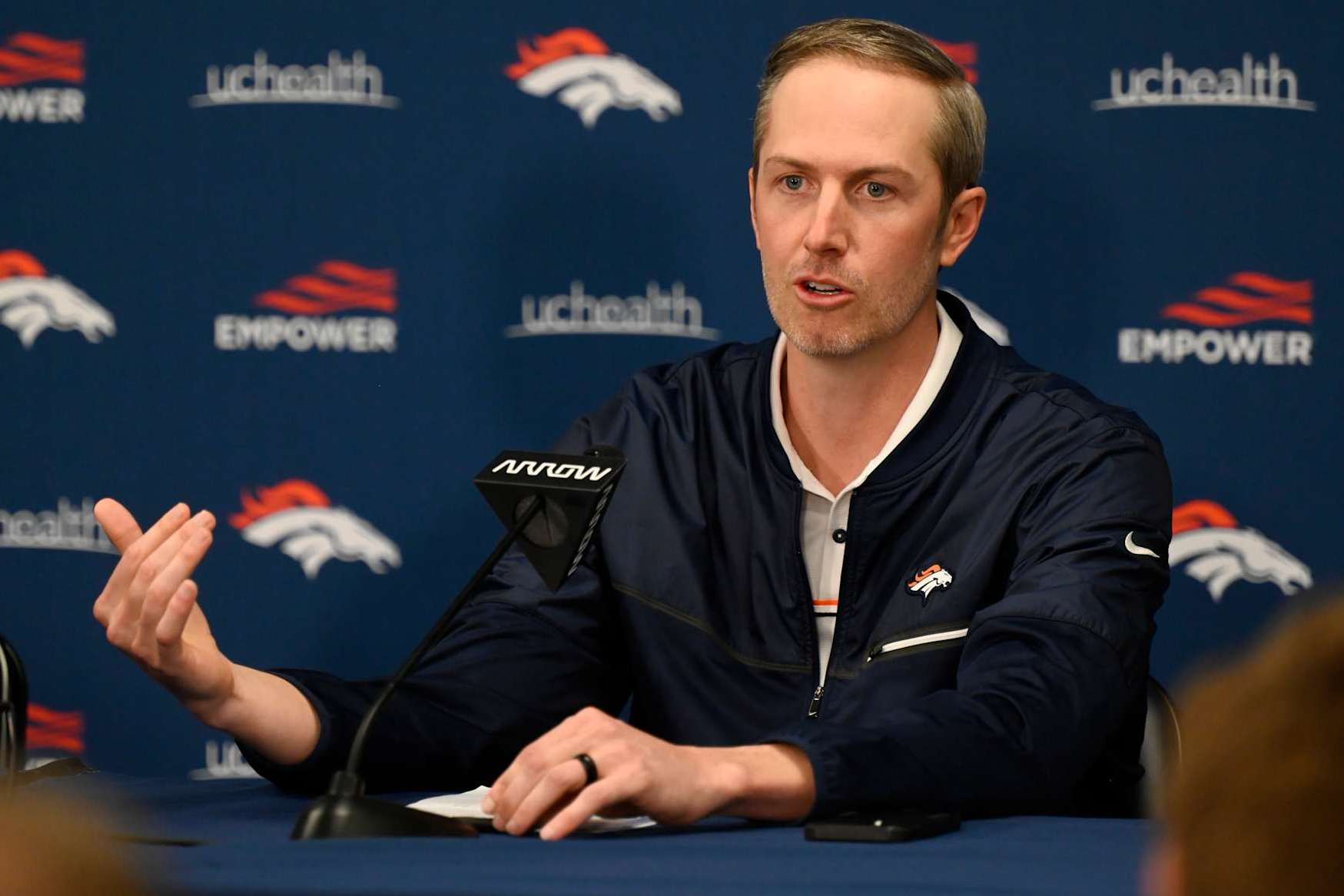 CENTENNIAL, CO - APRIL 22: Denver Broncos assistant GM Darren Mougey during a pre-draft press conference at the Pat Bowlen Fieldhouse April 22, 2022. (Photo by Andy Cross/MediaNews Group/The Denver Post via Getty Images)"n