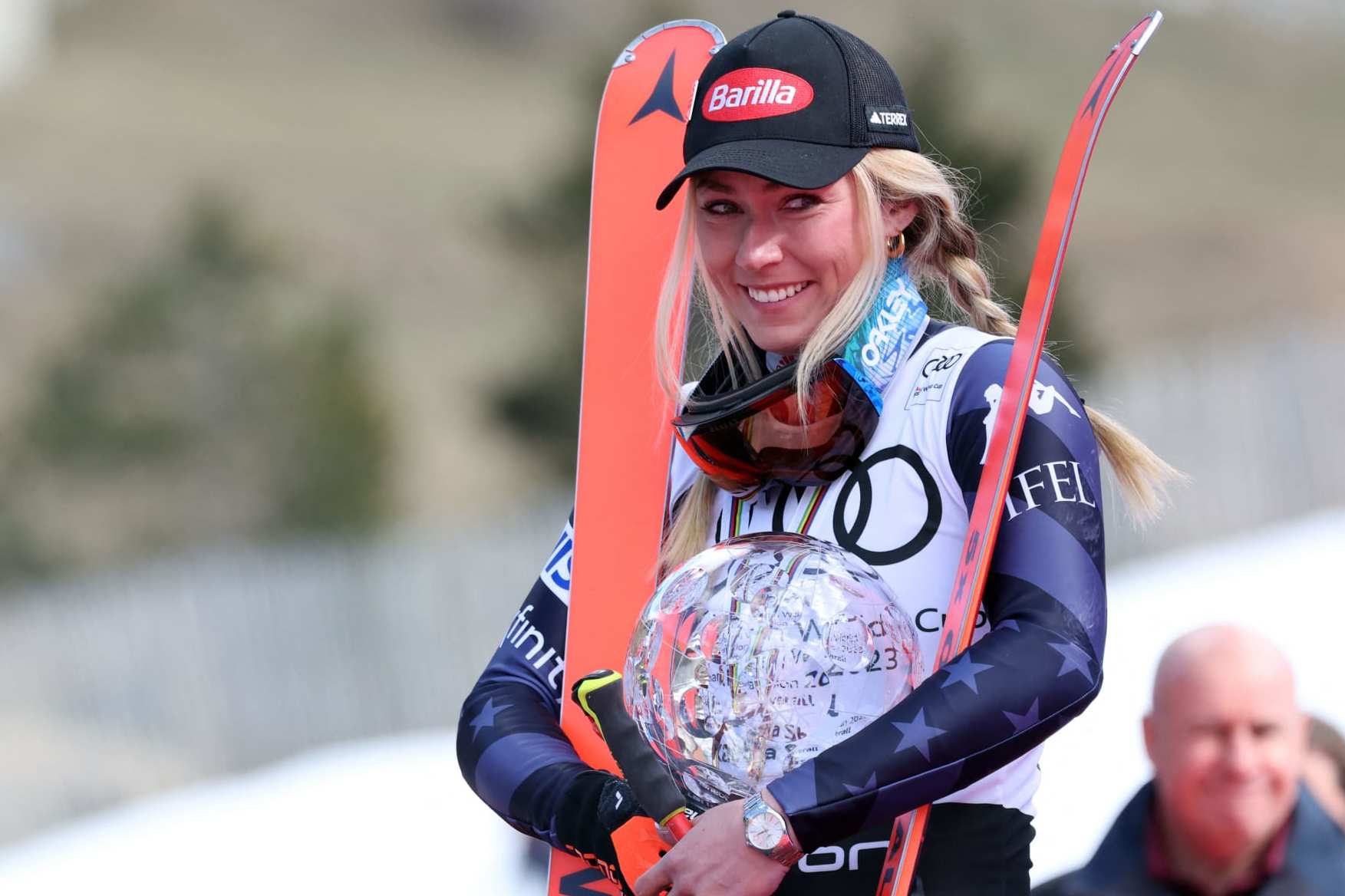 USA's Mikaela Shiffrin celebrates with her globe during the podium ceremony for the Women's Giant Slalom general standing of the FIS Ski World Cup in El Tarter, Andorra on March 19, 2023. (Photo by CHARLY TRIBALLEAU / AFP) (Photo by CHARLY TRIBALLEAU/AFP via Getty Images)