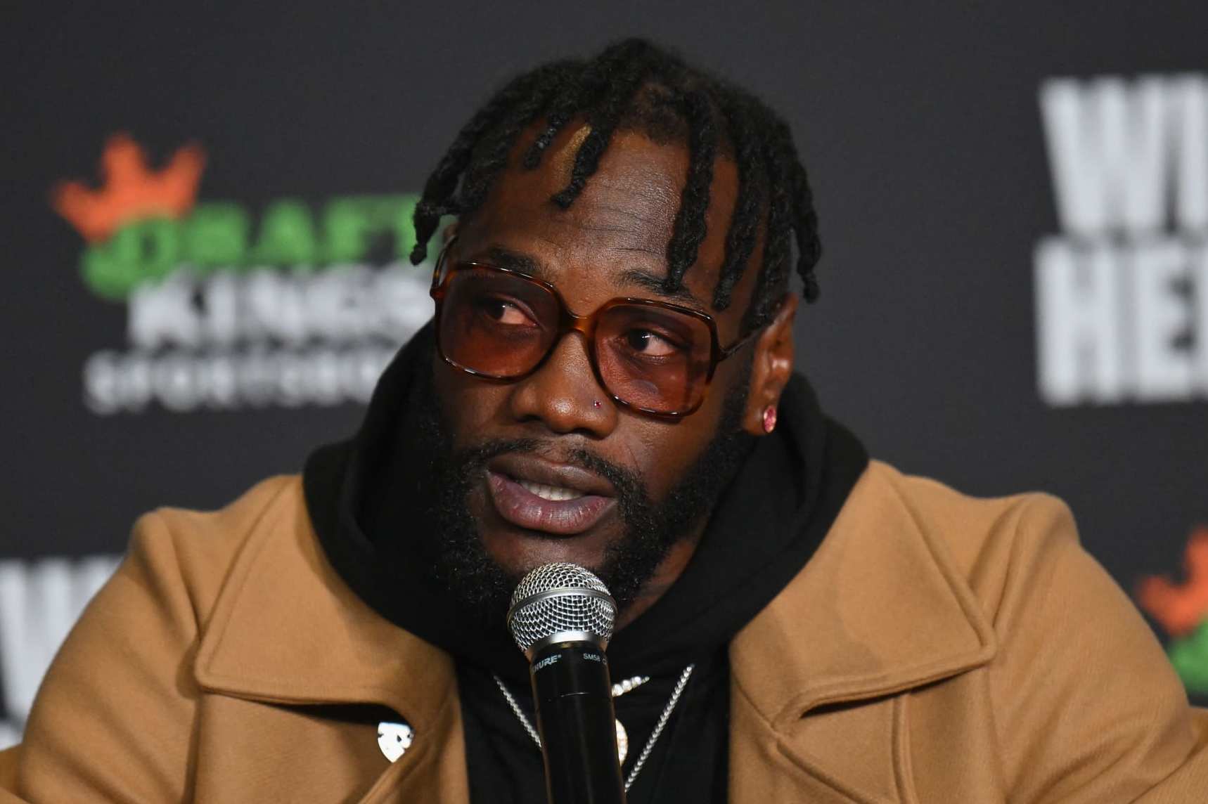 US boxer Deontay Wilder speaks during a press conference in New York City on October 13, 2022, ahead of his WBC heavyweight championship fight against Swedish-Finnish boxer Robert Helenius. - Wilder and Helenius will fight on October 15, 2022 at Barclays Center. (Photo by ANGELA WEISS / AFP) (Photo by ANGELA WEISS/AFP via Getty Images)