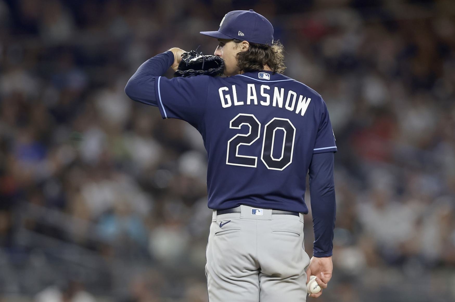 NEW YORK, NEW YORK - JULY 31:  Tyler Glasnow #20 of the Tampa Bay Rays in action against the New York Yankees at Yankee Stadium on July 31, 2023 in Bronx borough of New York City. The Rays defeated the Yankees 5-1. (Photo by Jim McIsaac/Getty Images)
