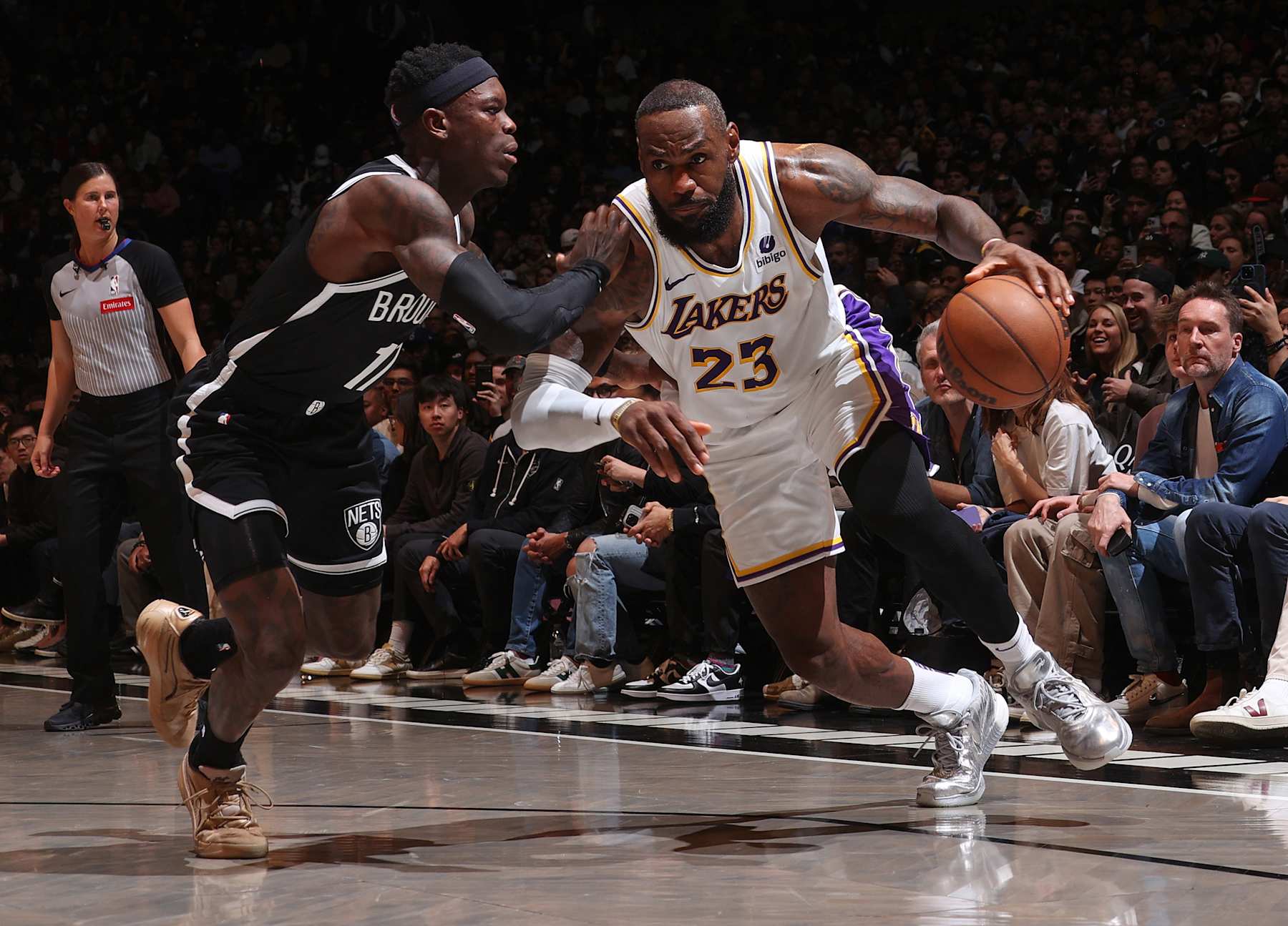 BROOKLYN, NY - MARCH 31: LeBron James #23 of the Los Angeles Lakers drives to the basket during the game against the Brooklyn Nets on March 31, 2024 at Barclays Center in Brooklyn, New York. NOTE TO USER: User expressly acknowledges and agrees that, by downloading and or using this Photograph, user is consenting to the terms and conditions of the Getty Images License Agreement. Mandatory Copyright Notice: Copyright 2024 NBAE (Photo by Nathaniel S. Butler/NBAE via Getty Images)