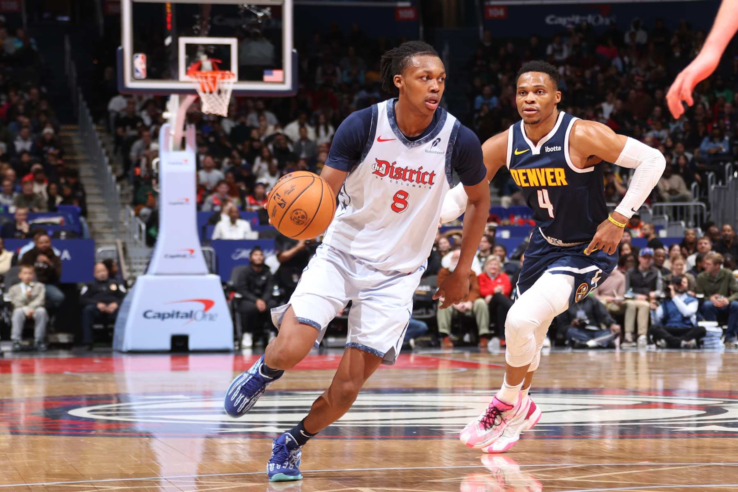 WASHINGTON, DC -  DECEMBER 7: Bub Carrington #8 of the Washington Wizards dribbles the ball during the game against the Denver Nuggets on December 7, 2024 at Capital One Arena in Washington, DC. NOTE TO USER: User expressly acknowledges and agrees that, by downloading and or using this Photograph, user is consenting to the terms and conditions of the Getty Images License Agreement. Mandatory Copyright Notice: Copyright 2024 NBAE (Photo by Kenny Giarla/NBAE via Getty Images)