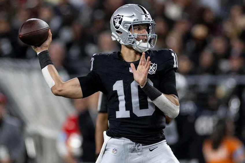 LAS VEGAS, NEVADA - DECEMBER 16: Desmond Ridder #10 of the Las Vegas Raiders looks to pass during an NFL Football game against the Atlanta Falcons at Allegiant Stadium on December 16, 2024 in Las Vegas, Nevada. (Photo by Michael Owens/Getty Images)