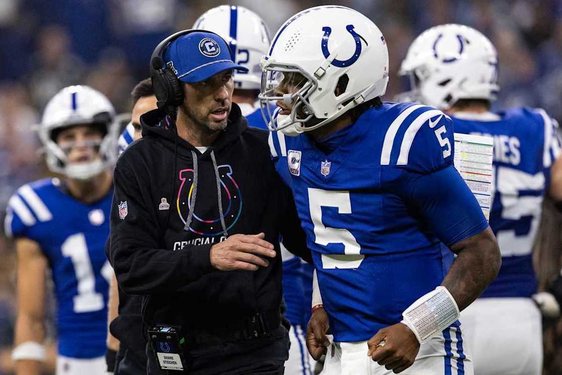 Indianapolis Colts head coach Shane Steichen (left) and quarterback Anthony Richardson (right)