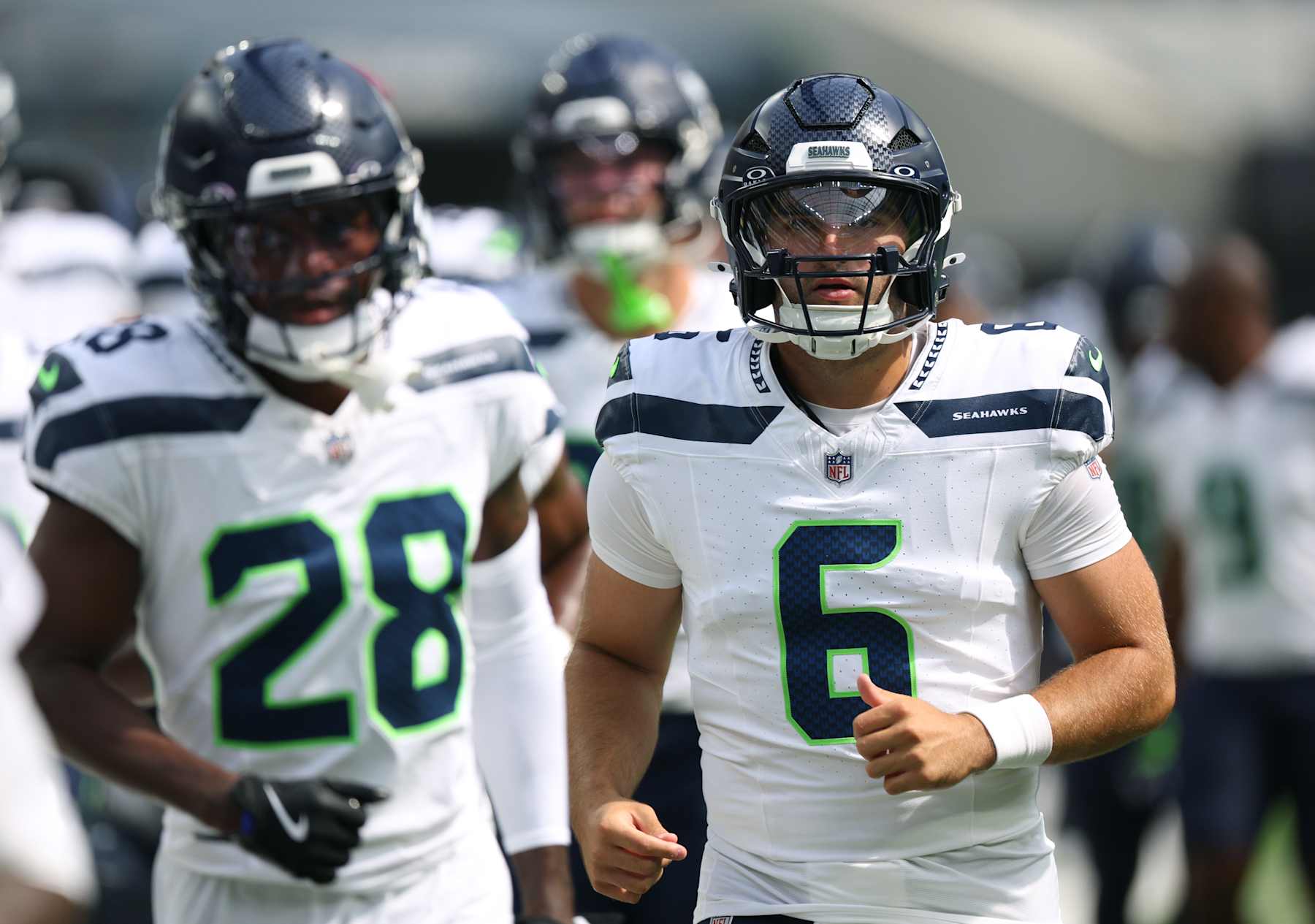 INGLEWOOD, CALIFORNIA - AUGUST 10: Sam Howell #6 of the Seattle Seahawks before a preseason game against the Los Angeles Chargers at SoFi Stadium on August 10, 2024 in Inglewood, California. (Photo by Harry How/Getty Images)