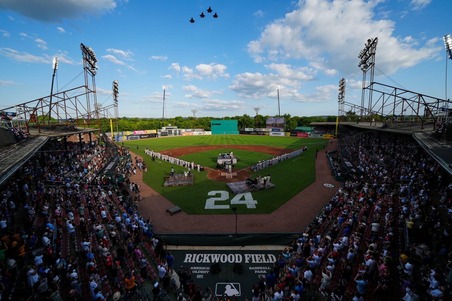 BIRMINGHAM, AL - JUNE 20: A general view of Rickwood Field during pregame ceremonies prior to the 2024 Rickwood game between the San Francisco Giants and the St. Louis Cardinals at Rickwood Field on Thursday, June 20, 2024 in Birmingham, Alabama. (Photo by Daniel Shirey/MLB Photos via Getty Images)