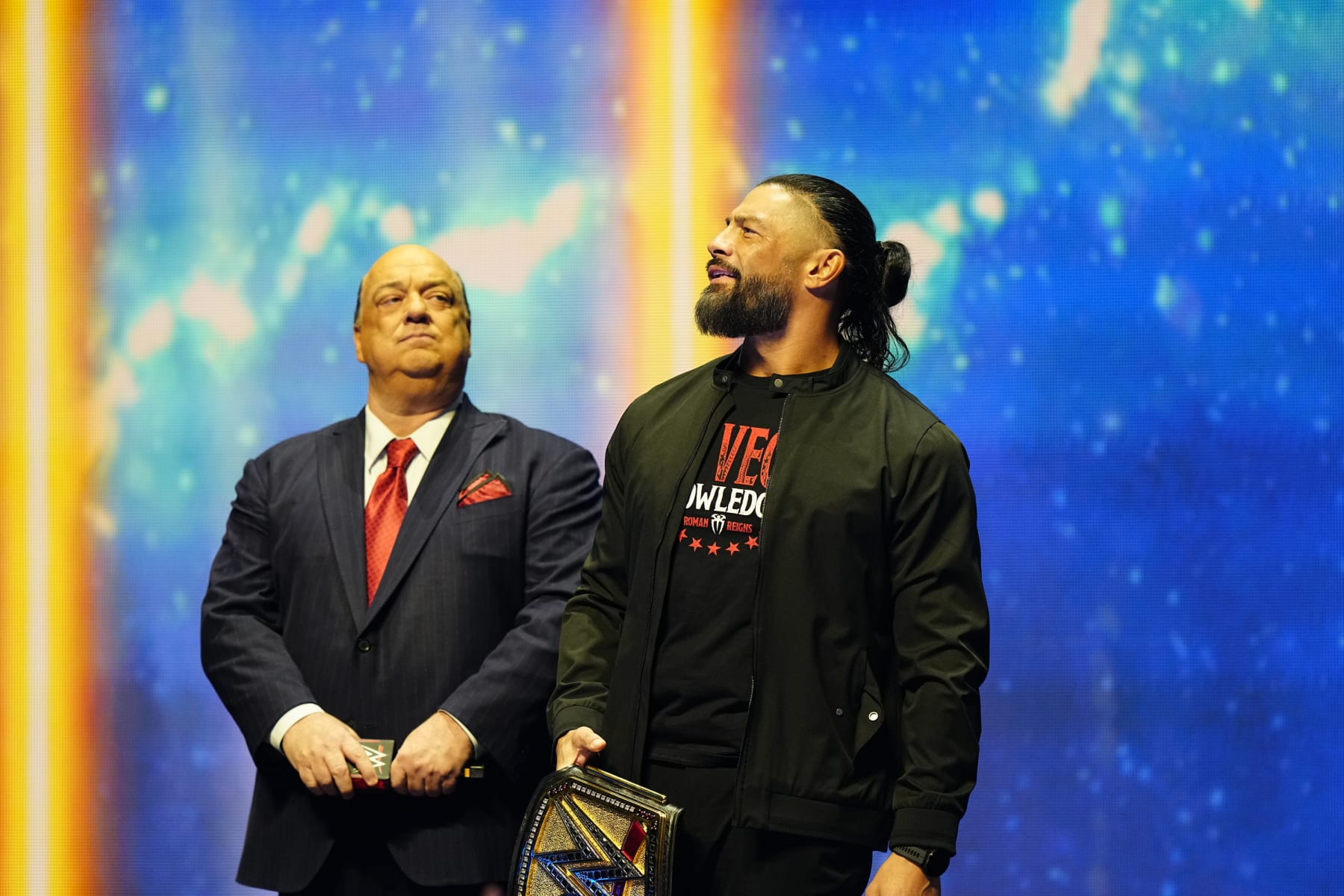 LAS VEGAS, NV - FEBRUARY 08:  Roman Reigns, WWE Undisputed Universal Champion during the WWE Wrestlemania XL Kickoff on February 08, 2024, at T-Mobile Arena in Las Vegas, NV. (Photo by Louis Grasse/PXimages/Icon Sportswire via Getty Images)