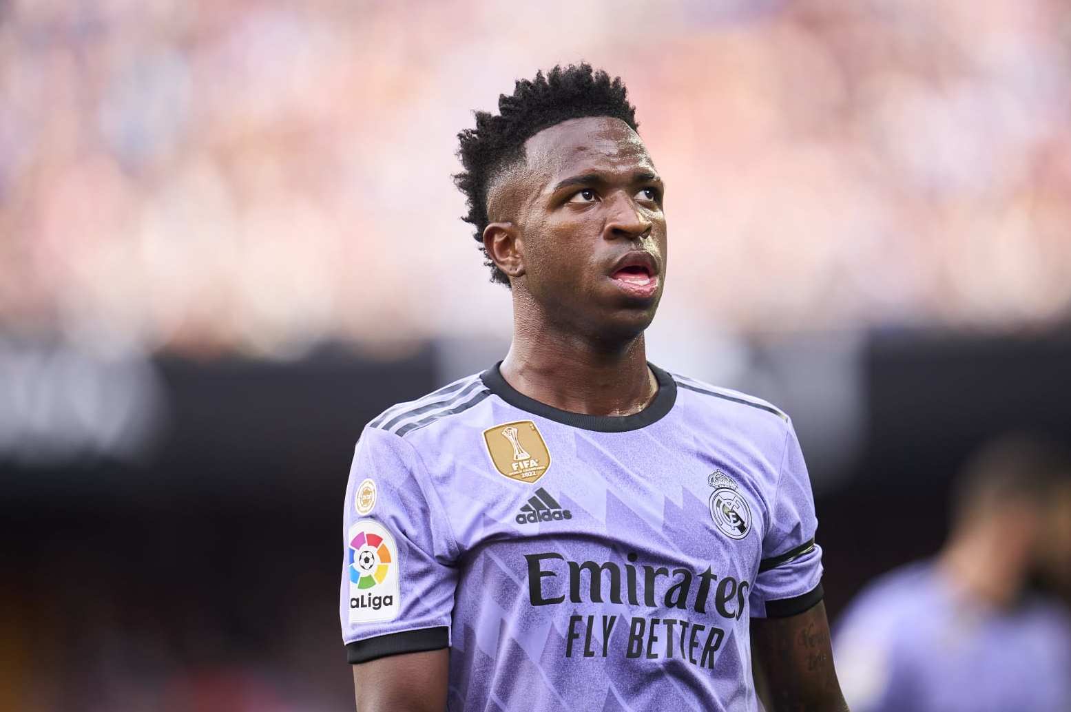 VALENCIA, SPAIN - MAY 21: Vinicius Junior of Real Madrid looks on during the LaLiga Santander match between Valencia CF and Real Madrid CF at Estadio Mestalla on May 21, 2023 in Valencia, Spain. (Photo by Aitor Alcalde Colomer/Getty Images)