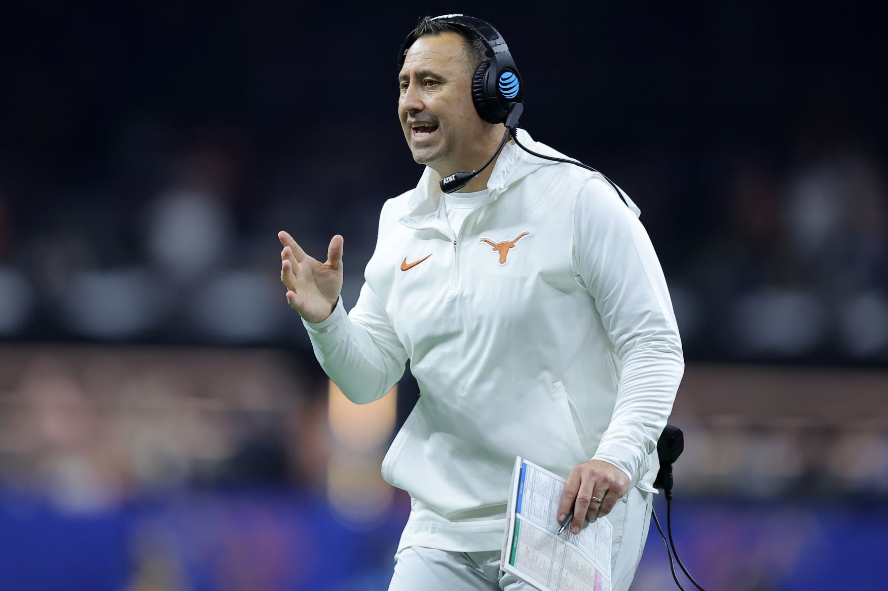 NEW ORLEANS, LOUISIANA - JANUARY 01: Head coach Steve Sarkisian of the Texas Longhorns reacts against the Washington Huskies during the CFP Semifinal Allstate Sugar Bowl at Caesars Superdome on January 01, 2024 in New Orleans, Louisiana. (Photo by Jonathan Bachman/Getty Images)