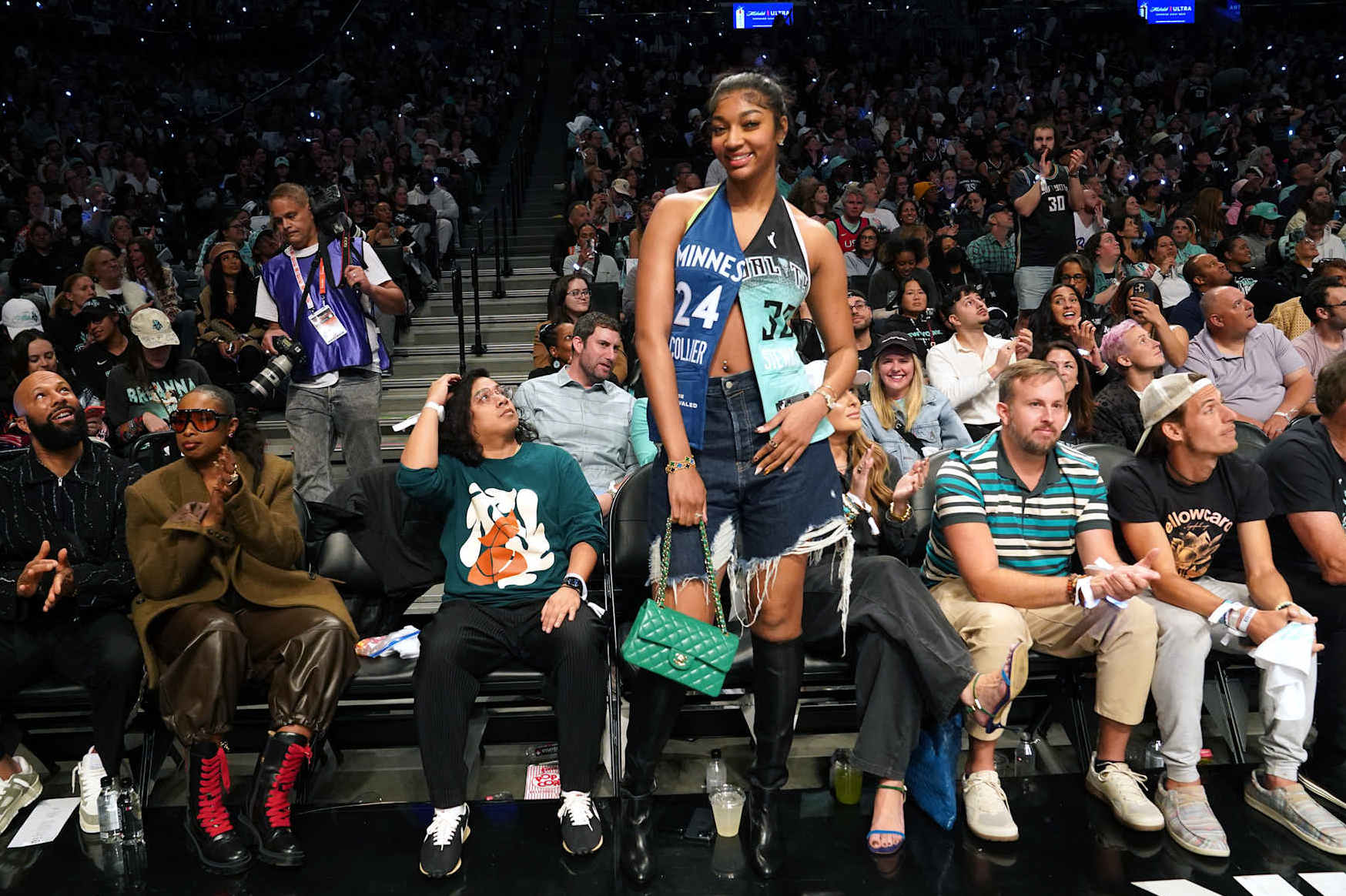 BROOKLYN, NY - OCTOBER 20: Angel Reese #5 of the Chicago Sky attends the game between the Minnesota Lynx and the New York Liberty during Game Five of the 2024 WNBA Finals on October 20, 2024 in Brooklyn, New York. NOTE TO USER: User expressly acknowledges and agrees that, by downloading and or using this photograph, user is consenting to the terms and conditions of the Getty Images License Agreement. Mandatory Copyright Notice: Copyright 2024 NBAE (Photo by Melanie Fidler/NBAE via Getty Images)