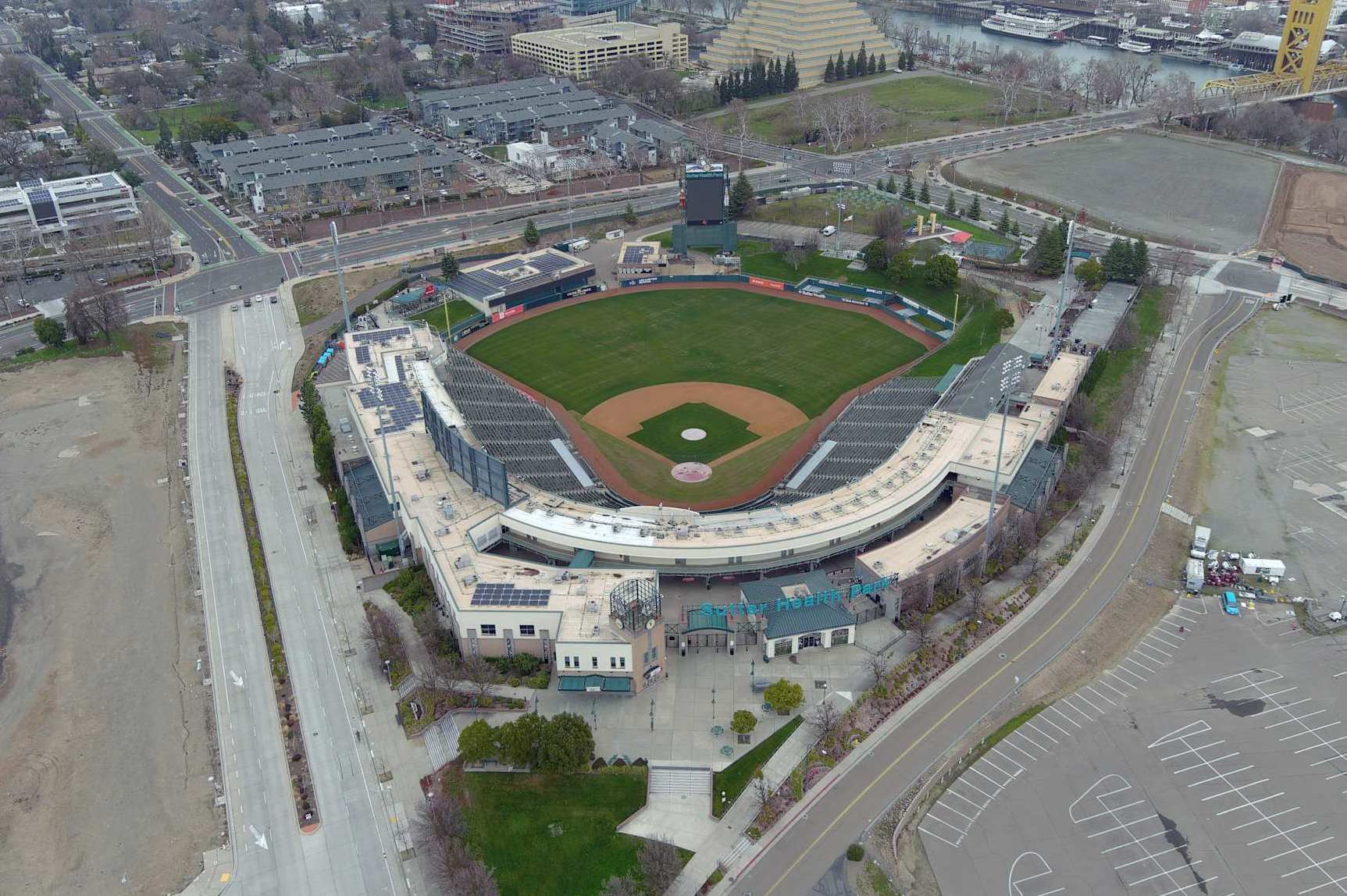 WEST SACRAMENTO, CALIFORNIA - JANUARY 24: An aerial view of Sutter Health Park on January 24, 2021 in West Sacramento, Calif. The stadium is the home of the Sacramento River Cats.  (Photo by Kirby Lee/Getty Images)