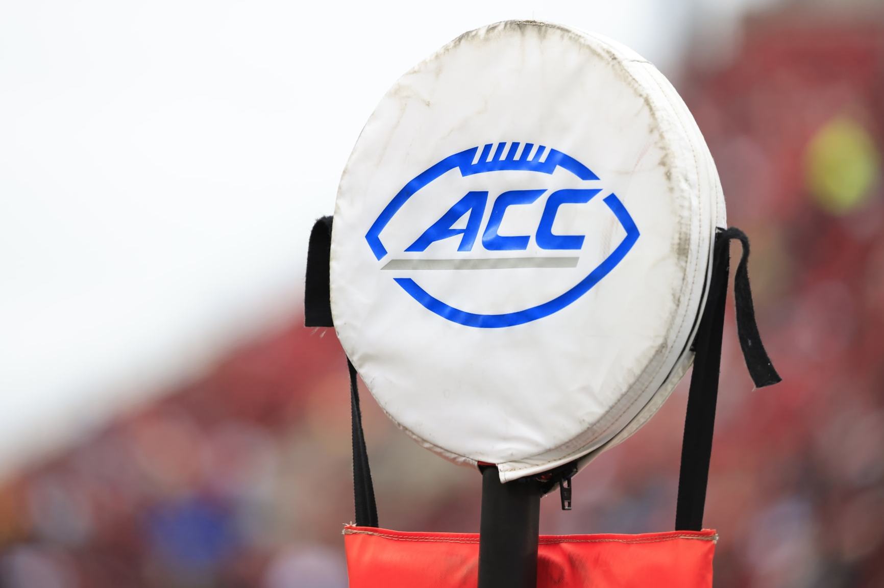 LOUISVILLE, KENTUCKY - OCTOBER 28: A view of the ACC logo on the yardage marker in the game between the Duke Blue Devils and the Louisville Cardinals at Cardinal Stadium on October 28, 2023 in Louisville, Kentucky. (Photo by Justin Casterline/Getty Images)