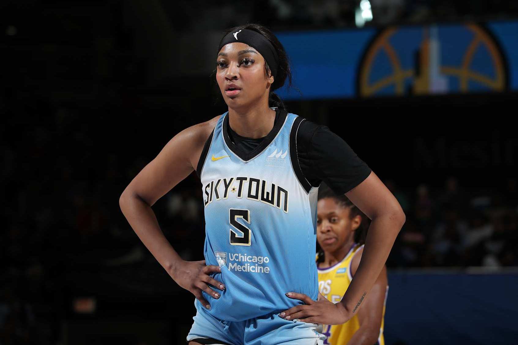 CHICAGO, IL -  SEPTEMBER 6: Angel Reese #5 of the Chicago Sky looks on during the game against the Los Angeles Sparks on September 6, 2024 at the Wintrust Arena in Chicago, IL. NOTE TO USER: User expressly acknowledges and agrees that, by downloading and or using this photograph, User is consenting to the terms and conditions of the Getty Images License Agreement. Mandatory Copyright Notice: Copyright 2024 NBAE (Photo by Gary Dineen/NBAE via Getty Images)