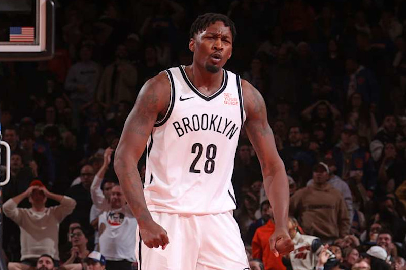 NEW YORK, NY - NOVEMBER 15: Dorian Finney-Smith #28 of the Brooklyn Nets celebrates during the game against the New York Knicks during the Emirates NBA Cup game on November 15, 2024 at Madison Square Garden in New York City, New York. NOTE TO USER: User expressly acknowledges and agrees that, by downloading and or using this photograph, User is consenting to the terms and conditions of the Getty Images License Agreement. Mandatory Copyright Notice: Copyright 2024 NBAE (Photo by Nathaniel S. Butler/NBAE via Getty Images)