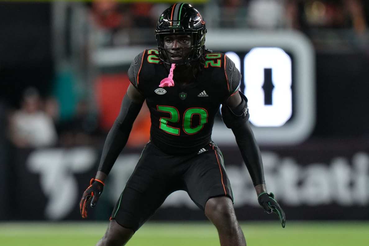MIAMI GARDENS, FL - OCTOBER 07: Miami Hurricanes safety James Williams (20) defends in the secondary during the game between the Georgia Tech Yellow Jackets and the Miami Hurricanes on Saturday, October 7, 2023 at Hard Rock Stadium, Miami Gardens, Fla. (Photo by Peter Joneleit/Icon Sportswire via Getty Images)