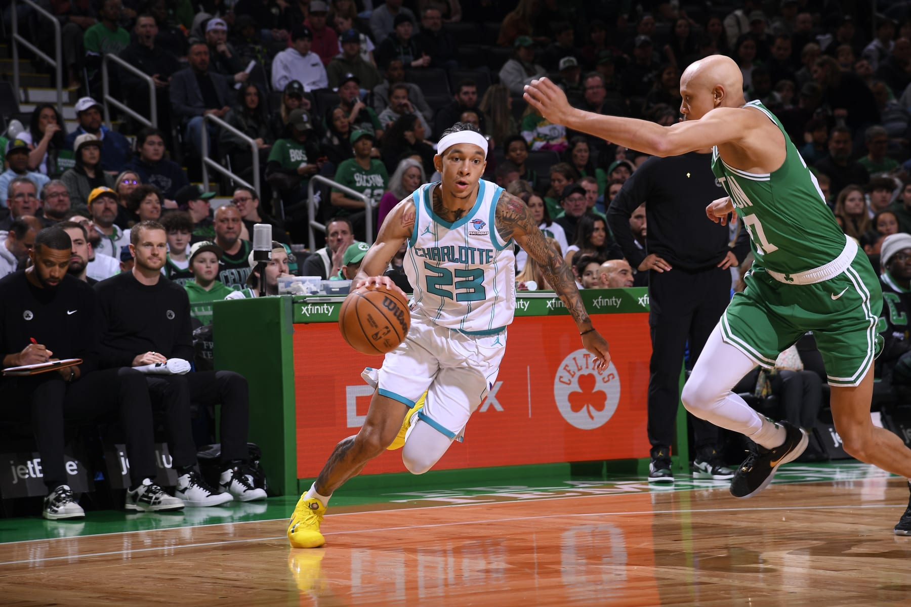 BOSTON, MA - APRIL 12: Tre Mann #23 of the Charlotte Hornets handles the ball during the game against the Boston Celtics on April 12, 2024 at the TD Garden in Boston, Massachusetts. NOTE TO USER: User expressly acknowledges and agrees that, by downloading and or using this photograph, User is consenting to the terms and conditions of the Getty Images License Agreement. Mandatory Copyright Notice: Copyright 2024 NBAE  (Photo by Brian Babineau/NBAE via Getty Images)