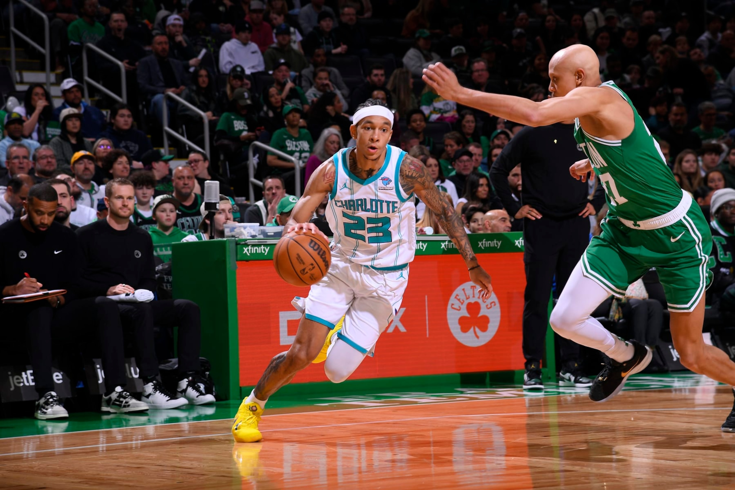 BOSTON, MA - APRIL 12: Tre Mann #23 of the Charlotte Hornets handles the ball during the game against the Boston Celtics on April 12, 2024 at the TD Garden in Boston, Massachusetts. NOTE TO USER: User expressly acknowledges and agrees that, by downloading and or using this photograph, User is consenting to the terms and conditions of the Getty Images License Agreement. Mandatory Copyright Notice: Copyright 2024 NBAE  (Photo by Brian Babineau/NBAE via Getty Images)