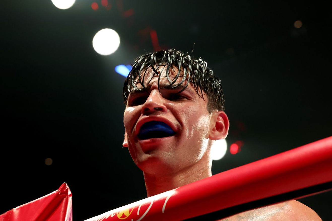 NEW YORK, NEW YORK - APRIL 20: Ryan Garcia reacts after their WBC Super Lightweight title bout against Devin Haney at Barclays Center on April 20, 2024 in New York City. (Photo by Al Bello/Getty Images)