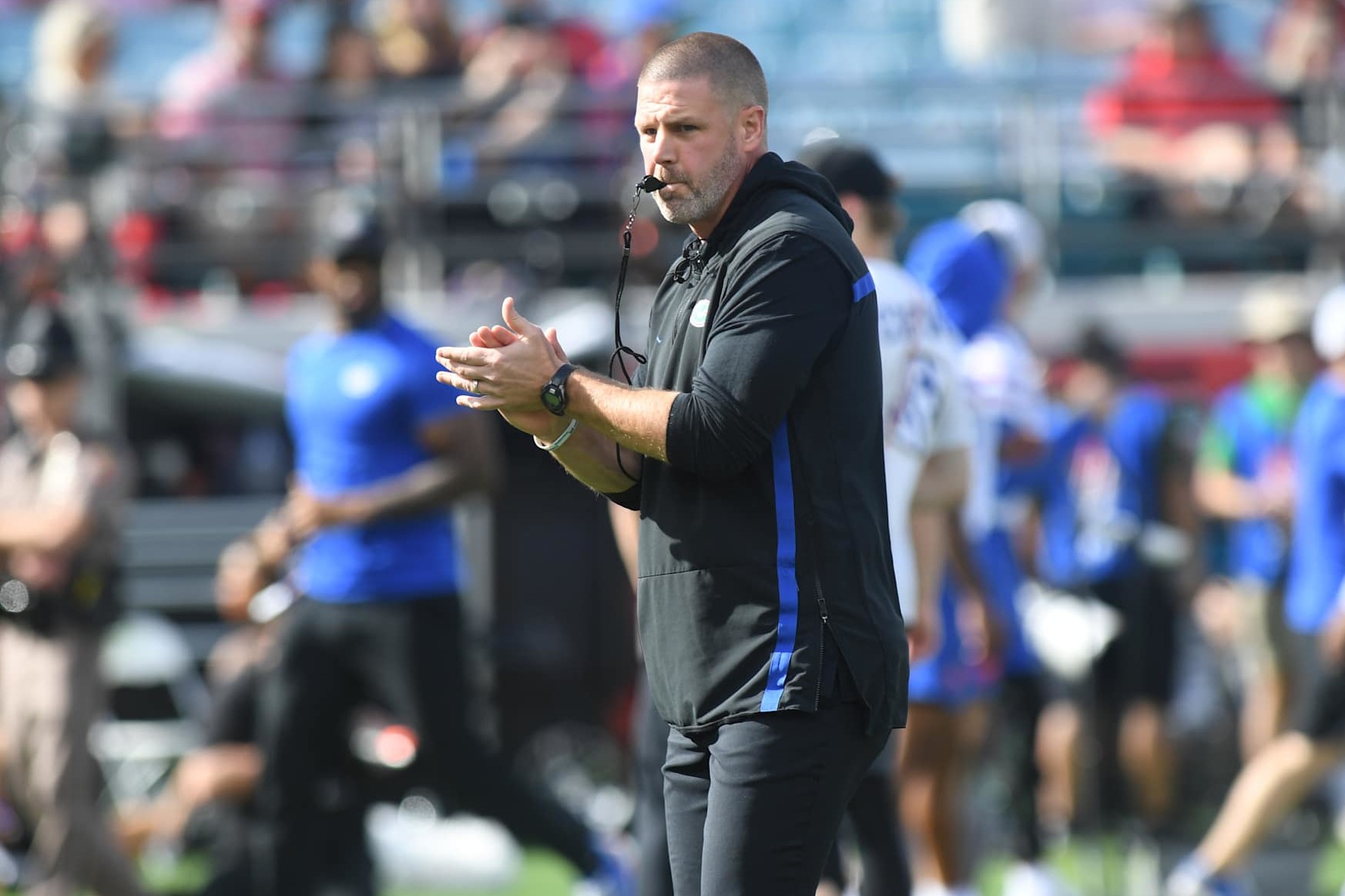 JACKSONVILLE, FL - NOVEMBER 02: Florida Gators head coach Billy Napier leads a drill prior to the college football game between the Georgia Bulldogs and the Florida Gators on November 02, 2024, at EverBank Stadium in Jacksonville, FL. (Photo by Jeffrey Vest/Icon Sportswire via Getty Images)