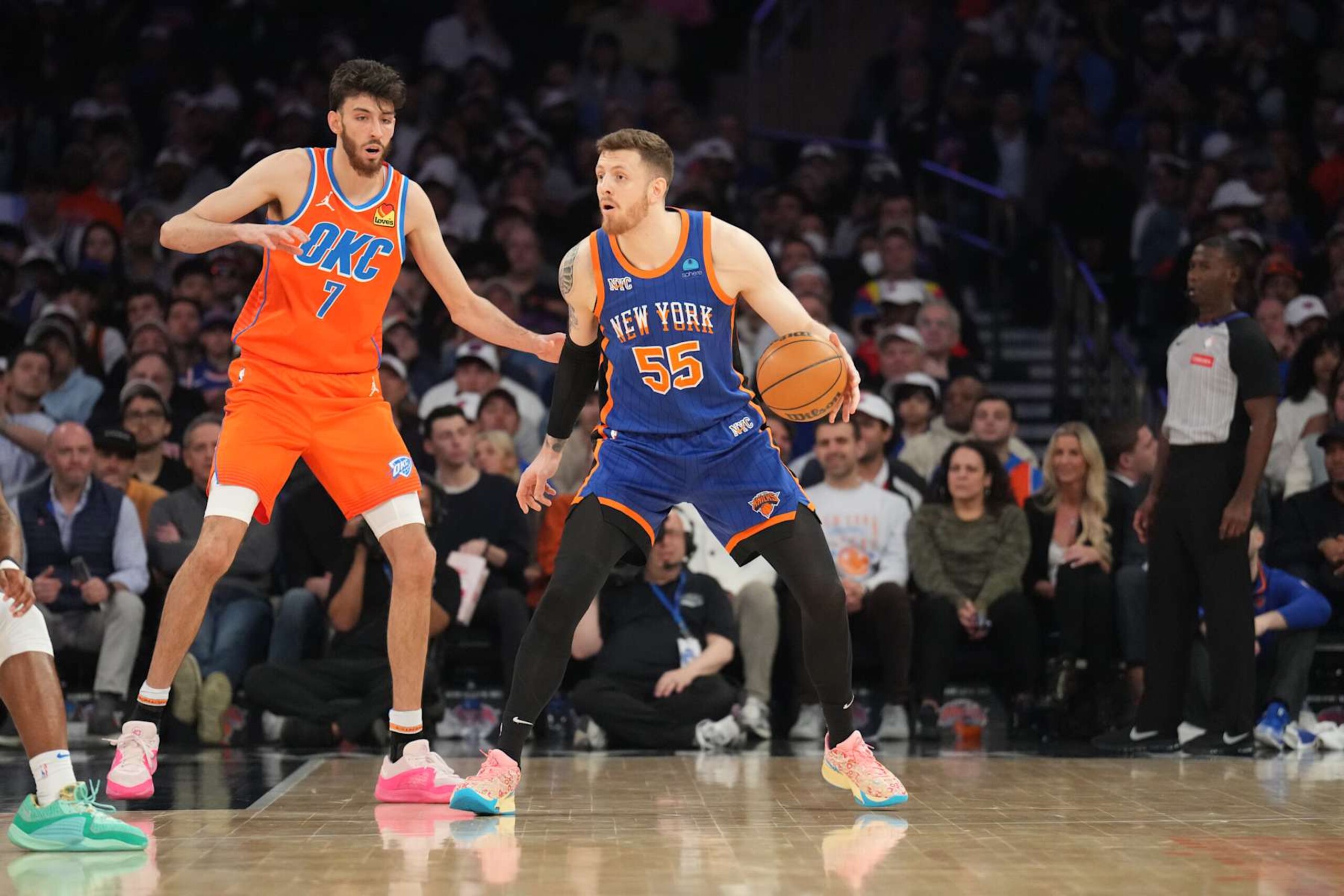 NEW YORK, NY - MARCH 31: Isaiah Hartenstein #55 of the New York Knicks dribbles the ball during the game against the Oklahoma City Thunder on March 31, 2024 at Madison Square Garden in New York City, New York. NOTE TO USER: User expressly acknowledges and agrees that, by downloading and or using this photograph, User is consenting to the terms and conditions of the Getty Images License Agreement. Mandatory Copyright Notice: Copyright 2024 NBAE (Photo by Jesse D. Garrabrant/NBAE via Getty Images) NEW YORK, NY - MARCH 31: Isaiah Hartenstein #55 of the New York Knicks dribbles the ball during the game against the Oklahoma City Thunder on March 31, 2024 at Madison Square Garden in New York City, New York. NOTE TO USER: User expressly acknowledges and agrees that, by downloading and or using this photograph, User is consenting to the terms and conditions of the Getty Images License Agreement. Mandatory Copyright Notice: Copyright 2024 NBAE (Photo by Jesse D. Garrabrant/NBAE via Getty Images)