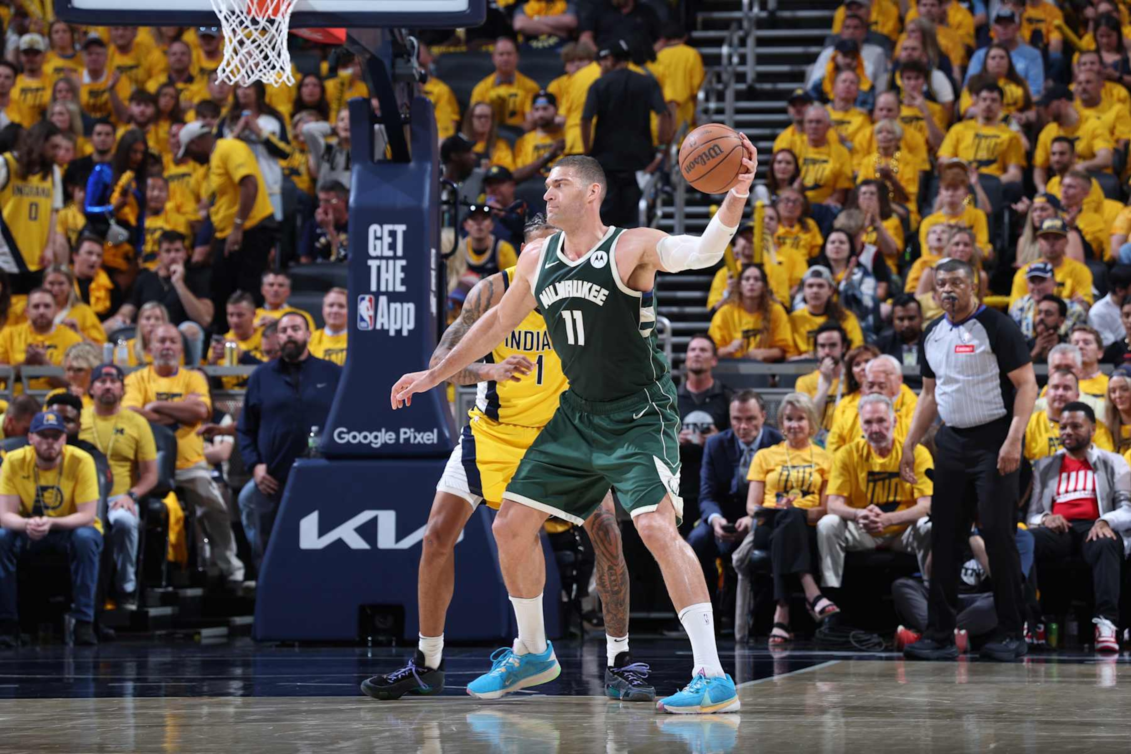 INDIANAPOLIS, IN - MAY 2: Brook Lopez #11 of the Milwaukee Bucks handles the ball during the game against the Indiana Pacers during Round 1 Game 6 of the 2024 NBA Playoffs on May 2, 2024 at Gainbridge Fieldhouse in Indianapolis, Indiana. NOTE TO USER: User expressly acknowledges and agrees that, by downloading and or using this Photograph, user is consenting to the terms and conditions of the Getty Images License Agreement. Mandatory Copyright Notice: Copyright 2024 NBAE (Photo by Jeff Haynes/NBAE via Getty Images)