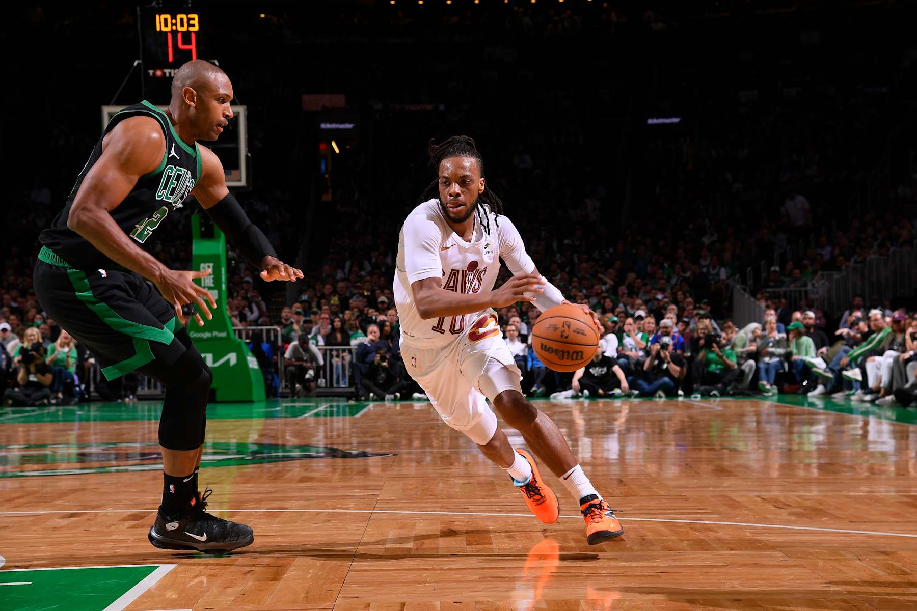 BOSTON, MA - MAY 15: Darius Garland #10 of the Cleveland Cavaliers handles the ball during the game  against the Boston Celtics during Round 2 Game 5 of the 2024 NBA Playoffs on May 15, 2024 at the TD Garden in Boston, Massachusetts. NOTE TO USER: User expressly acknowledges and agrees that, by downloading and or using this photograph, User is consenting to the terms and conditions of the Getty Images License Agreement. Mandatory Copyright Notice: Copyright 2024 NBAE  (Photo by Brian Babineau/NBAE via Getty Images)
