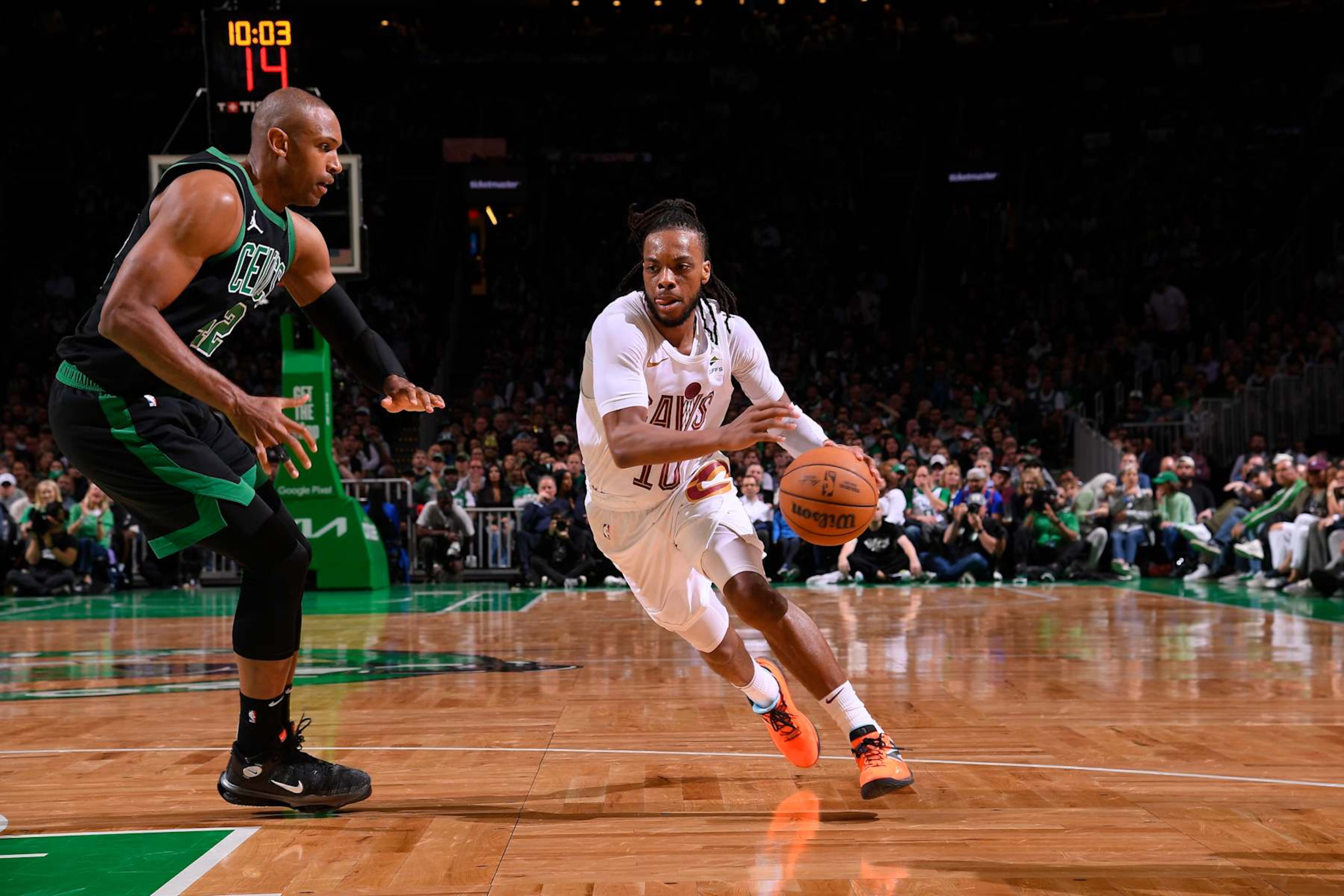 BOSTON, MA - MAY 15: Darius Garland #10 of the Cleveland Cavaliers handles the ball during the game  against the Boston Celtics during Round 2 Game 5 of the 2024 NBA Playoffs on May 15, 2024 at the TD Garden in Boston, Massachusetts. NOTE TO USER: User expressly acknowledges and agrees that, by downloading and or using this photograph, User is consenting to the terms and conditions of the Getty Images License Agreement. Mandatory Copyright Notice: Copyright 2024 NBAE  (Photo by Brian Babineau/NBAE via Getty Images)
