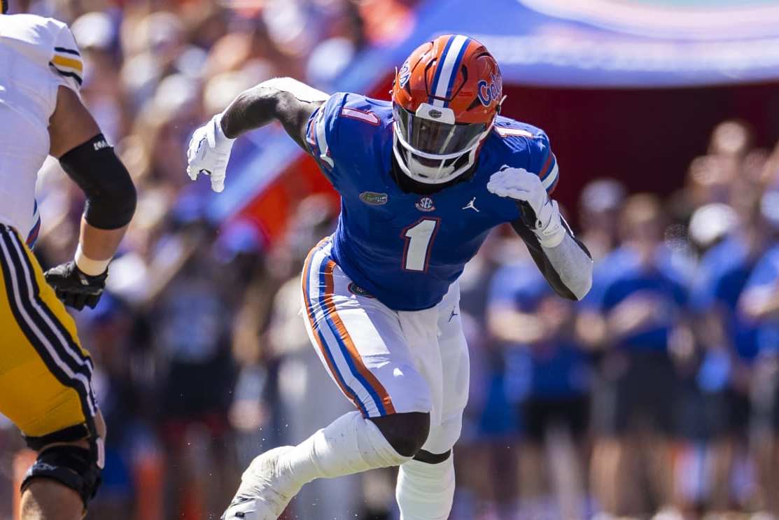 GAINESVILLE, FLORIDA - OCTOBER 08: Brenton Cox Jr. #1 of the Florida Gators rushes the passer during the first half of a game against the Missouri Tigers at Ben Hill Griffin Stadium on October 08, 2022 in Gainesville, Florida. (Photo by James Gilbert/Getty Images)