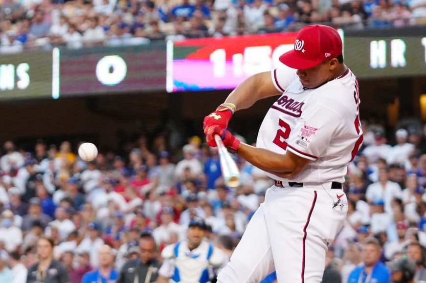 LOS ANGELES, CA - JULY 18: Juan Soto #22 of the Washington Nationals bats during the T-Mobile Home Run Derby at Dodger Stadium on Monday, July 18, 2022 in Los Angeles, California. (Photo by Daniel Shirey/MLB Photos via Getty Images)