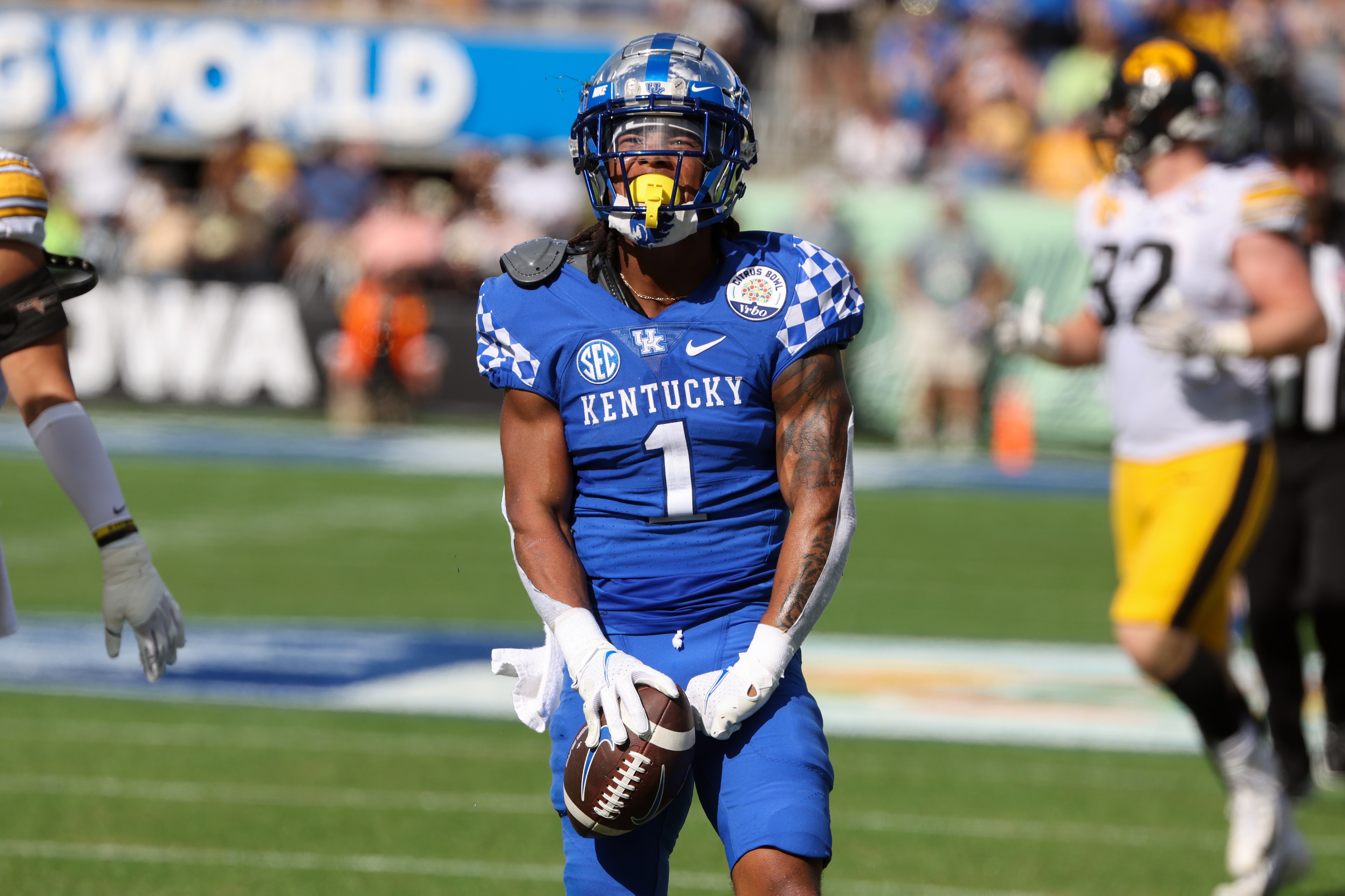 ORLANDO, FL - JANUARY 01: Kentucky Wildcats wide receiver Wan'Dale Robinson (1) celebrates after catching a pass during the Vrbo Citrus Bowl game between the Iowa Hawkeyes and the Kentucky Wildcats on January 1, 2022 at Camping World Stadium in Orlando FL. (Photo by Joe Petro/Icon Sportswire via Getty Images) ORLANDO, FL - JANUARY 01: Kentucky Wildcats wide receiver Wan'Dale Robinson (1) celebrates after catching a pass during the Vrbo Citrus Bowl game between the Iowa Hawkeyes and the Kentucky Wildcats on January 1, 2022 at Camping World Stadium in Orlando FL. (Photo by Joe Petro/Icon Sportswire via Getty Images)