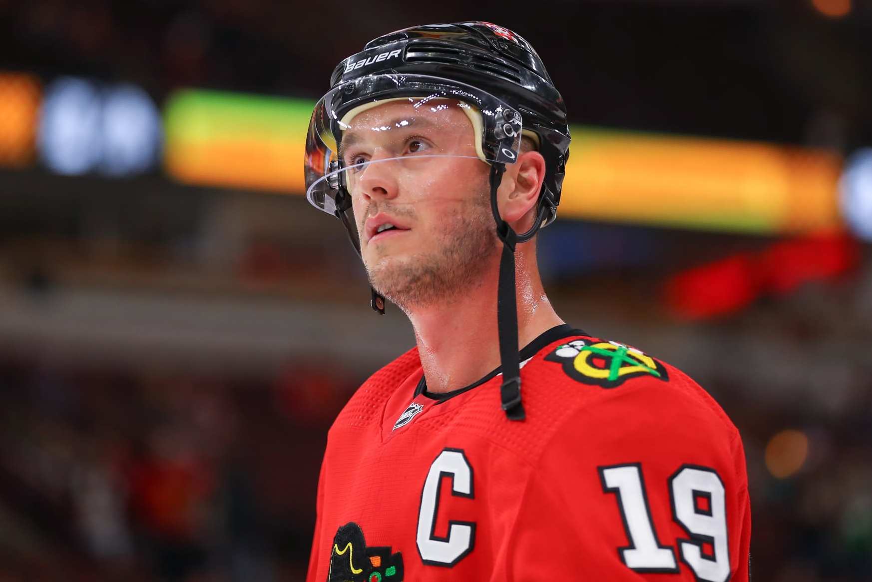 CHICAGO, IL - APRIL 01: Chicago Blackhawks center Jonathan Toews (19) looks on during warm-ups before a game between the New Jersey Devils and the Chicago Blackhawks on April 01, 2023 at the United Center in Chicago, IL. (Photo by Melissa Tamez/Icon Sportswire via Getty Images)