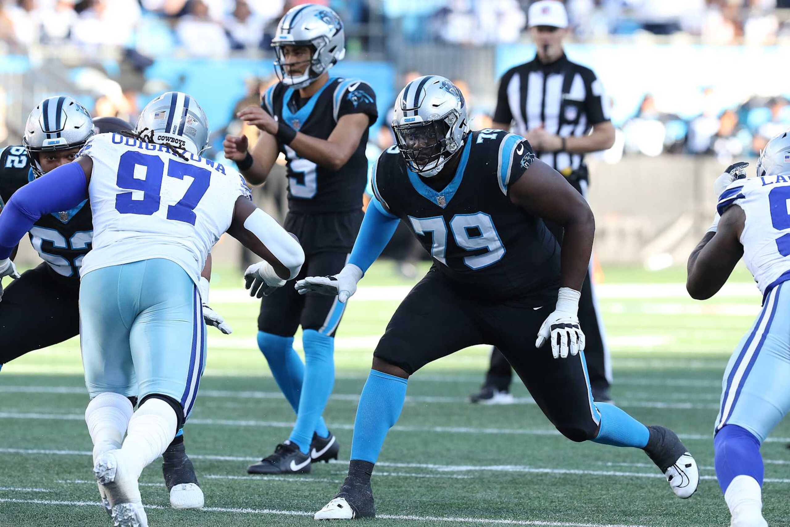 CHARLOTTE, NC - NOVEMBER 19: Carolina Panthers offensive tackle Ikem Ekwonu (79) during an NFL football game between the Dallas Cowboys and the Carolina Panthers on November 19, 2023 at Bank of America Stadium in Charlotte, N.C. (Photo by John Byrum/Icon Sportswire via Getty Images)