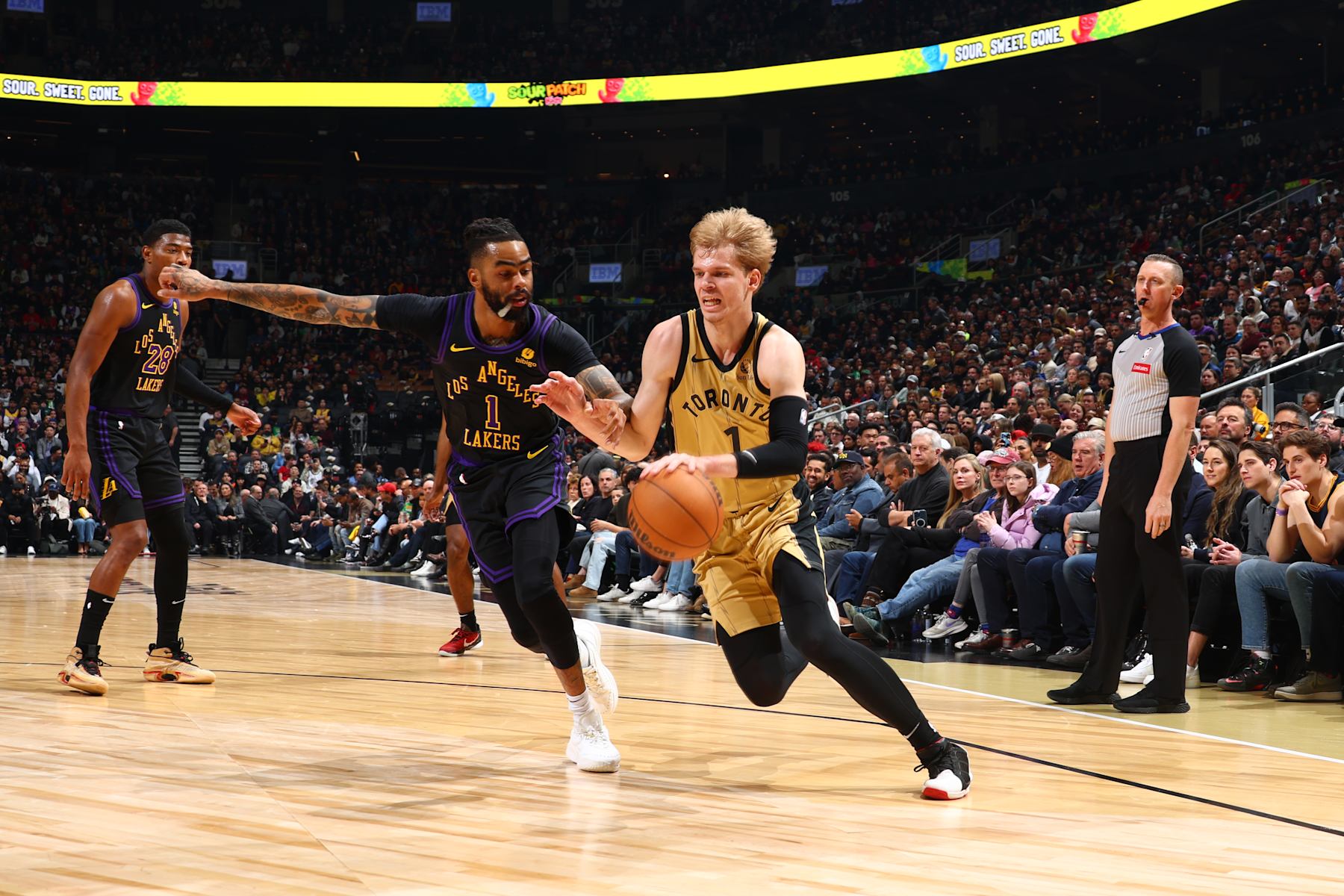 TORONTO, CANADA - APRIL 2: Gradey Dick #1 of the Toronto Raptors dribbles the ball during the game against the Los Angeles Lakers on April 2, 2024 at the Scotiabank Arena in Toronto, Ontario, Canada.  NOTE TO USER: User expressly acknowledges and agrees that, by downloading and or using this Photograph, user is consenting to the terms and conditions of the Getty Images License Agreement.  Mandatory Copyright Notice: Copyright 2023 NBAE (Photo by Vaughn Ridley/NBAE via Getty Images)
