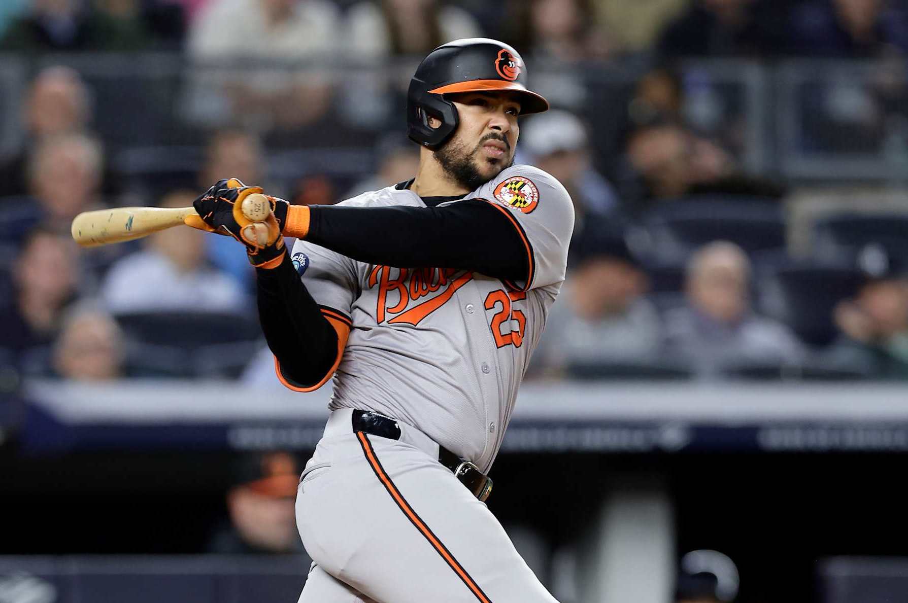NEW YORK, NEW YORK - SEPTEMBER 24: Anthony Santander #25 of the Baltimore Orioles follows through on his sixth inning home run against the New York Yankees at Yankee Stadium on September 24, 2024 in New York City. (Photo by Jim McIsaac/Getty Images)