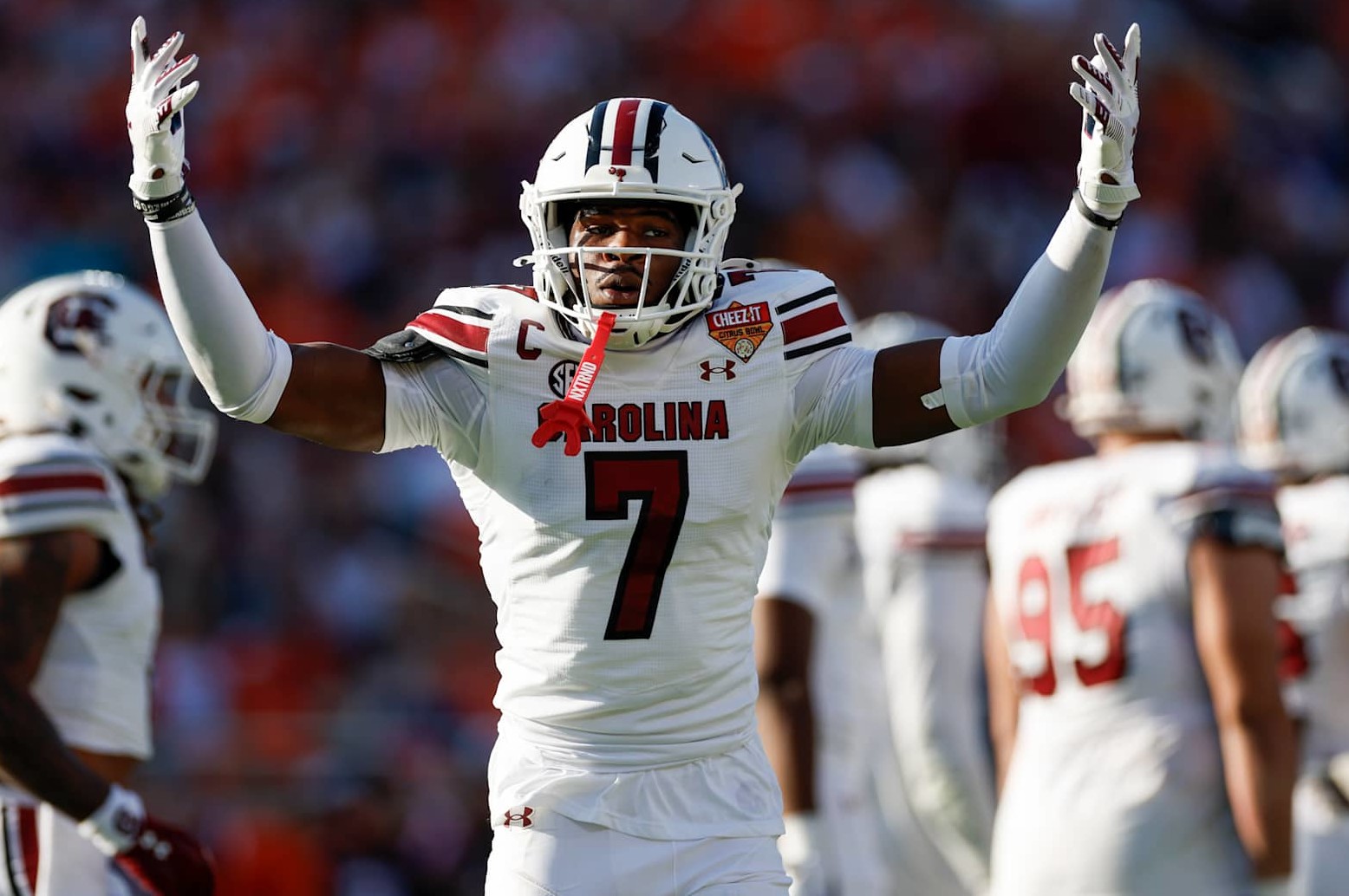 ORLANDO, FL - DECEMBER 31: South Carolina Gamecocks defensive back Nick Emmanwori (7) reacts after a play between the South Carolina Gamecocks and the Illinois Fighting Illini on December 31, 2024 at Camping World Stadium in Orlando, Fl. (Photo by David Rosenblum/Icon Sportswire via Getty Images)