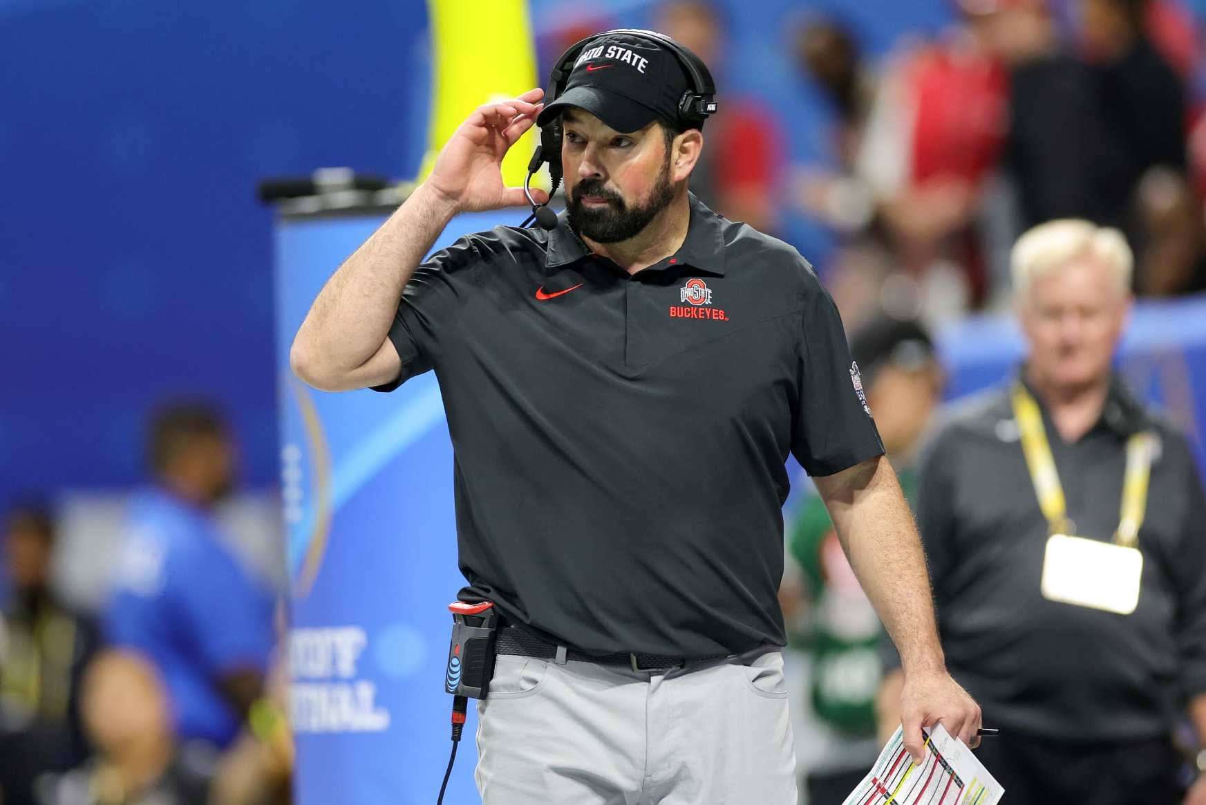 ATLANTA, GEORGIA - DECEMBER 31: Head coach Ryan Day of the Ohio State Buckeyes is seen during the third quarter against the Georgia Bulldogs in the Chick-fil-A Peach Bowl at Mercedes-Benz Stadium on December 31, 2022 in Atlanta, Georgia. (Photo by Carmen Mandato/Getty Images)