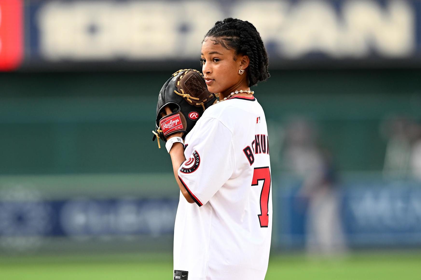 WASHINGTON, DC - AUGUST 28: United States Olympian Croix Bethune throws out the first pitch before the game between the Washington Nationals and the New York Yankees at Nationals Park on August 28, 2024 in Washington, DC. (Photo by G Fiume/Getty Images)